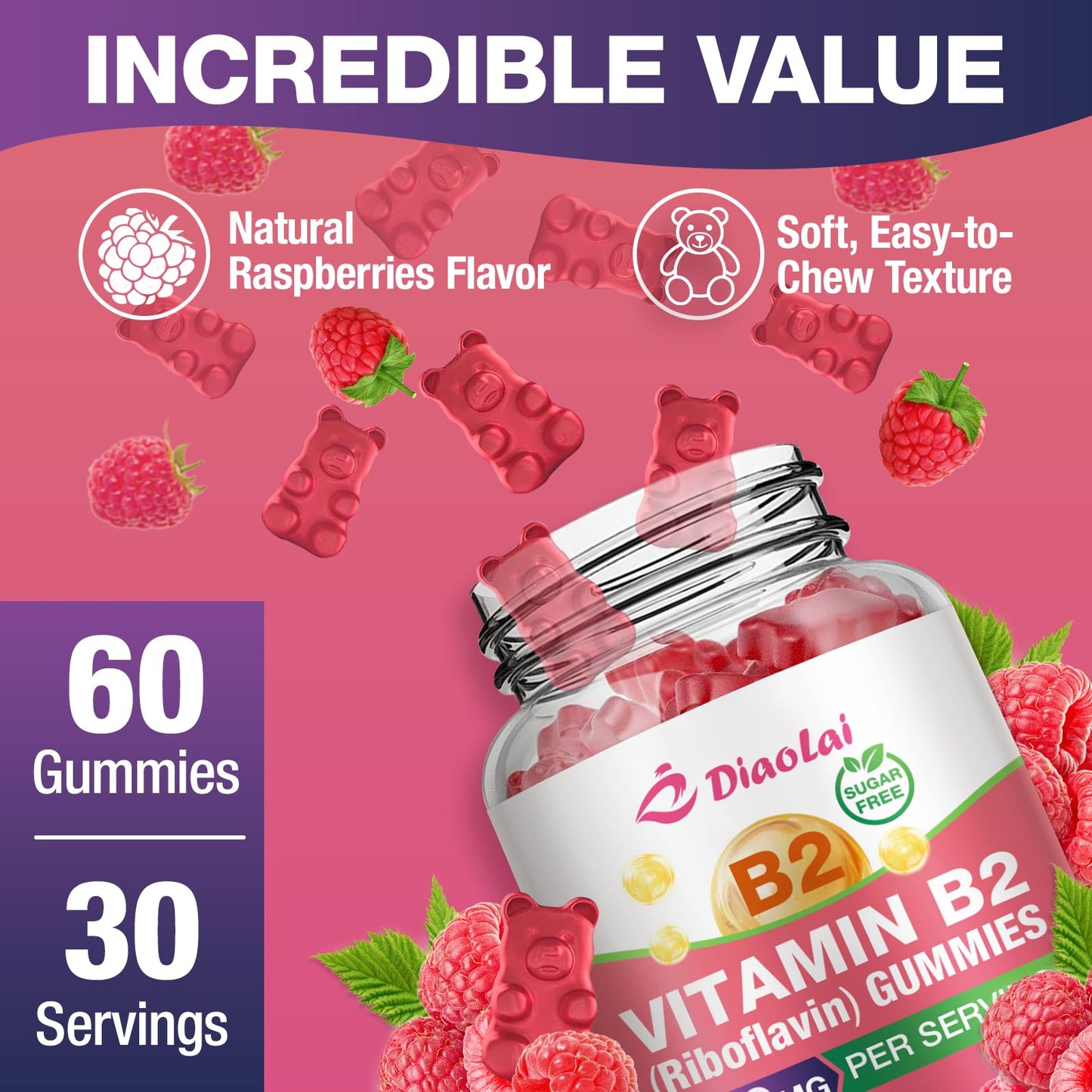 DIAOLAI Vitamin B2 Gummies Riboflavin 400mg Supplement with Magnesium for Kids & Adults, 2 Count