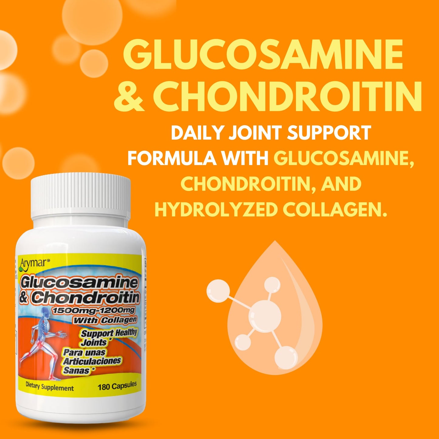 Arymar Glucosamine 1500 mg and Chondroitin 1200 mg with Collagen Joint Health Supplement Capsules, 90 Count