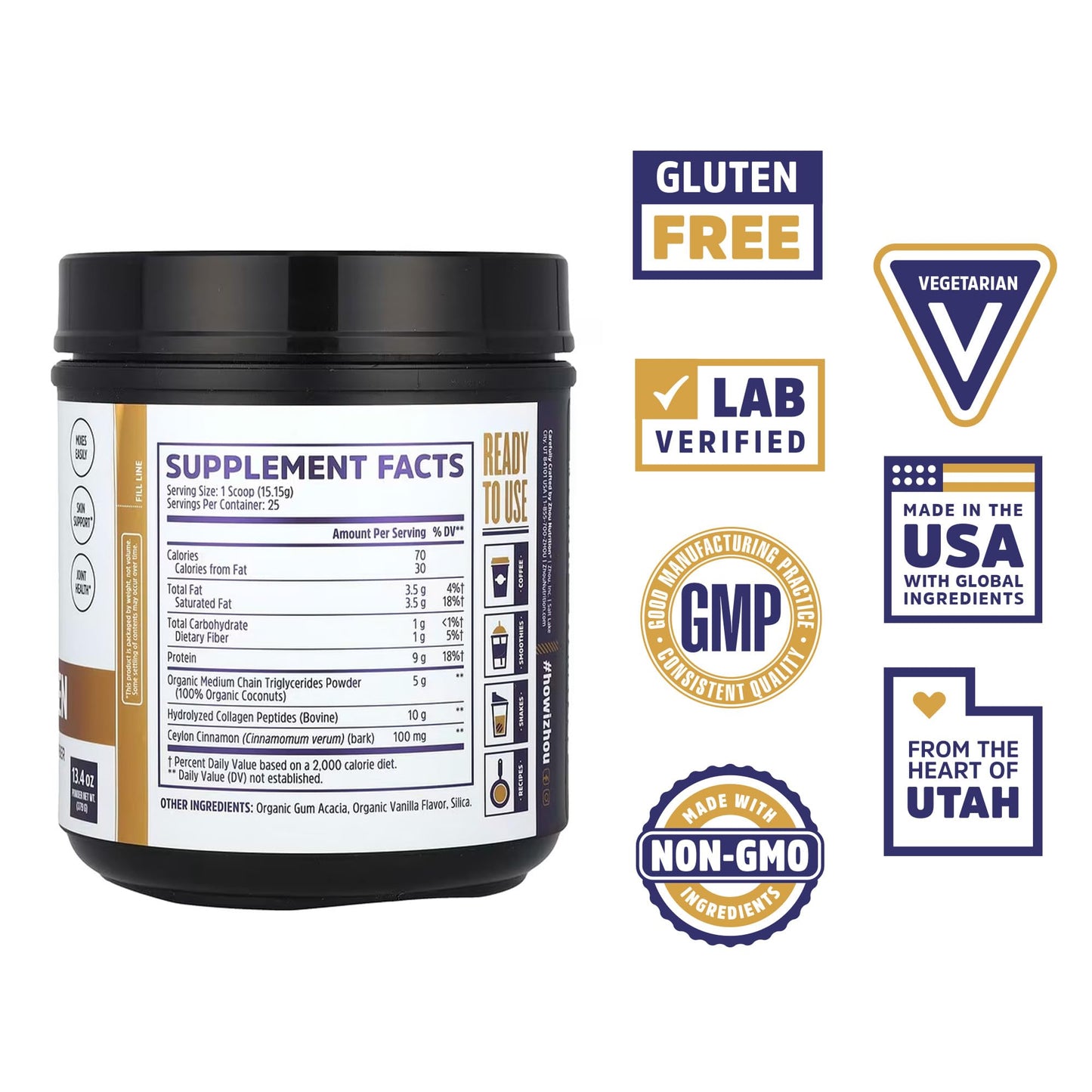 ZHOU MCT Flavored Collagen Peptides Powder for Women and Men, 13.4 oz
