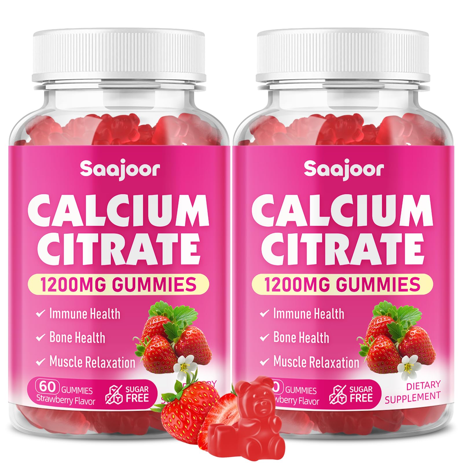 Saajoor Calcium Citrate Gummies 1200 mg, 2 Pack, 120 Count, High Absorption Calcium for Strong Bones, Muscles & Immune Support, Vegan, Non-GMO, Natural Strawberry Flavor