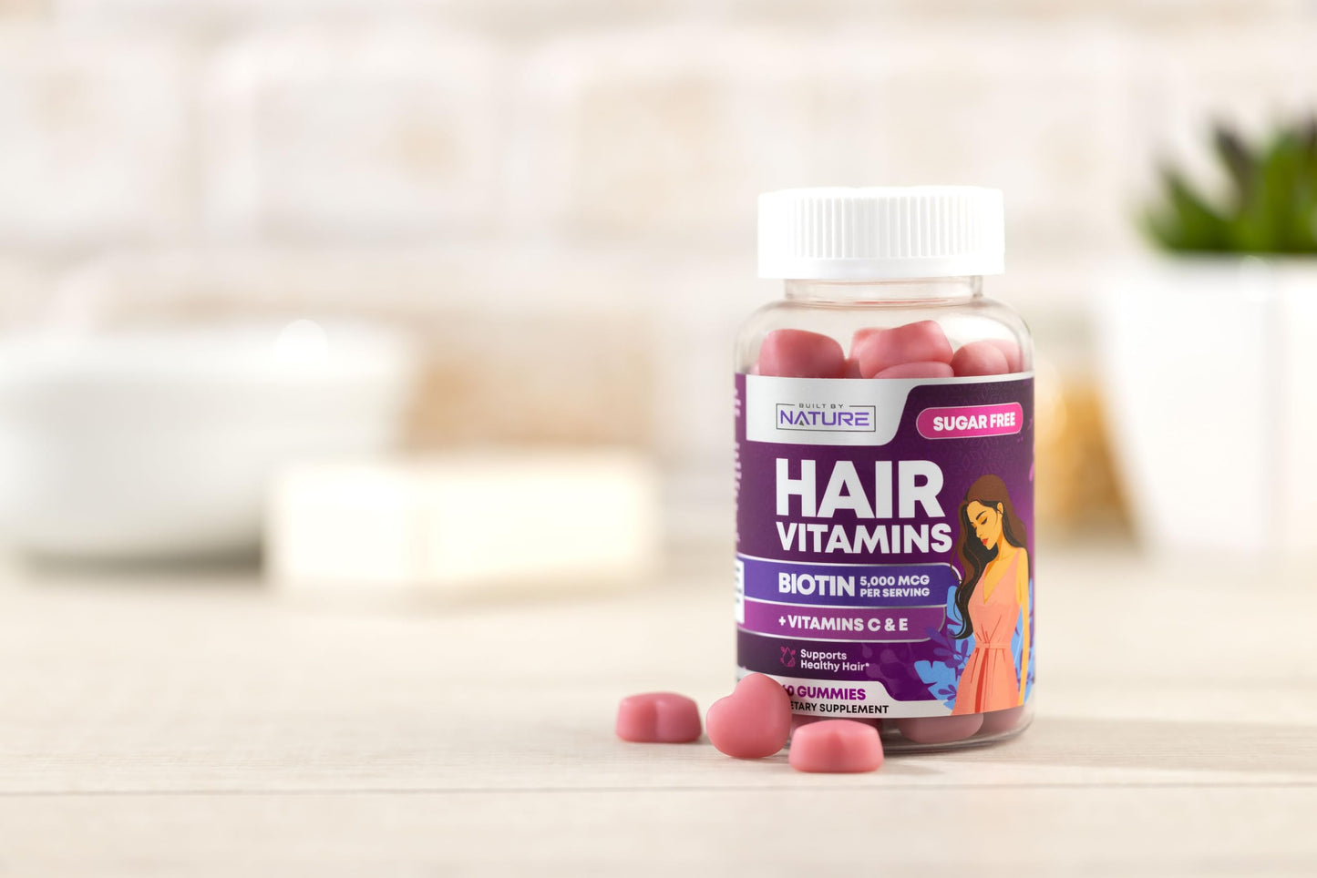 Built by Nature Hair Skin and Nails Vitamins – Hair Growth Gummies with Biotin for Women, Skin & Nail Support – 60 Gummies