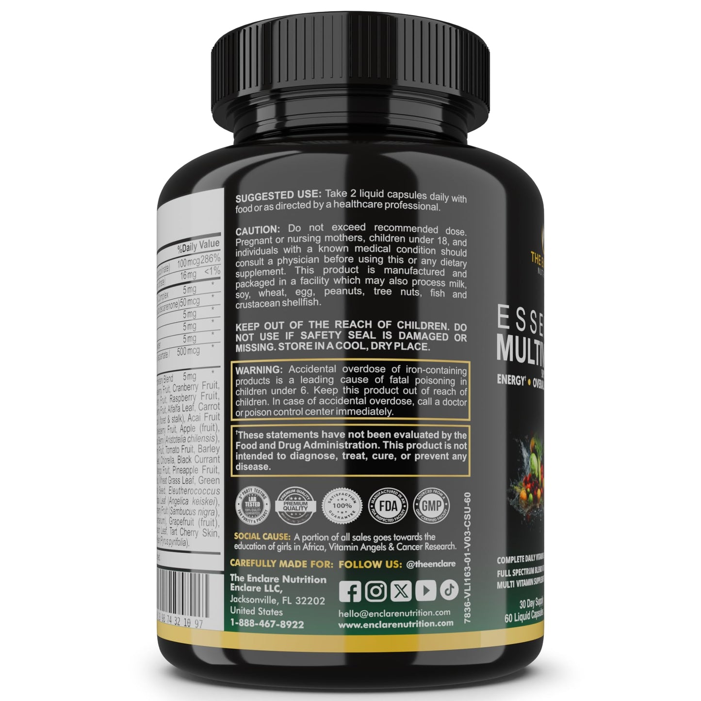 THE ENCLARE NUTRITION Essential Multivitamin for Women & Men – Complete Daily Multi Vitamin with Vitamin D, C, B12 & B Vitamins + Minerals, Folic Acid, Iron, Zinc – 42 Fruit & Vegetable Superfood Blend Capsule, 60 Capsules
