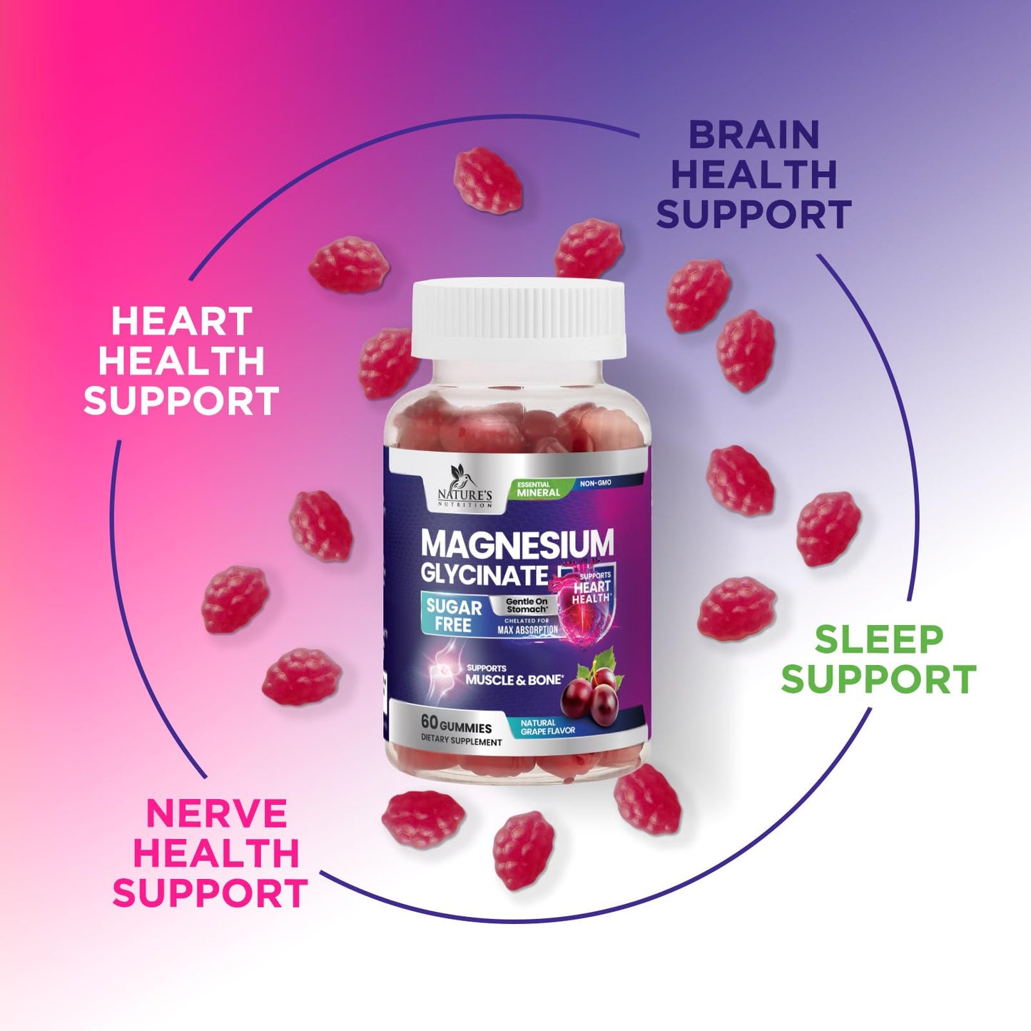 Nature's Nutrition Magnesium Glycinate Supplement Gummies, 60 Gummies