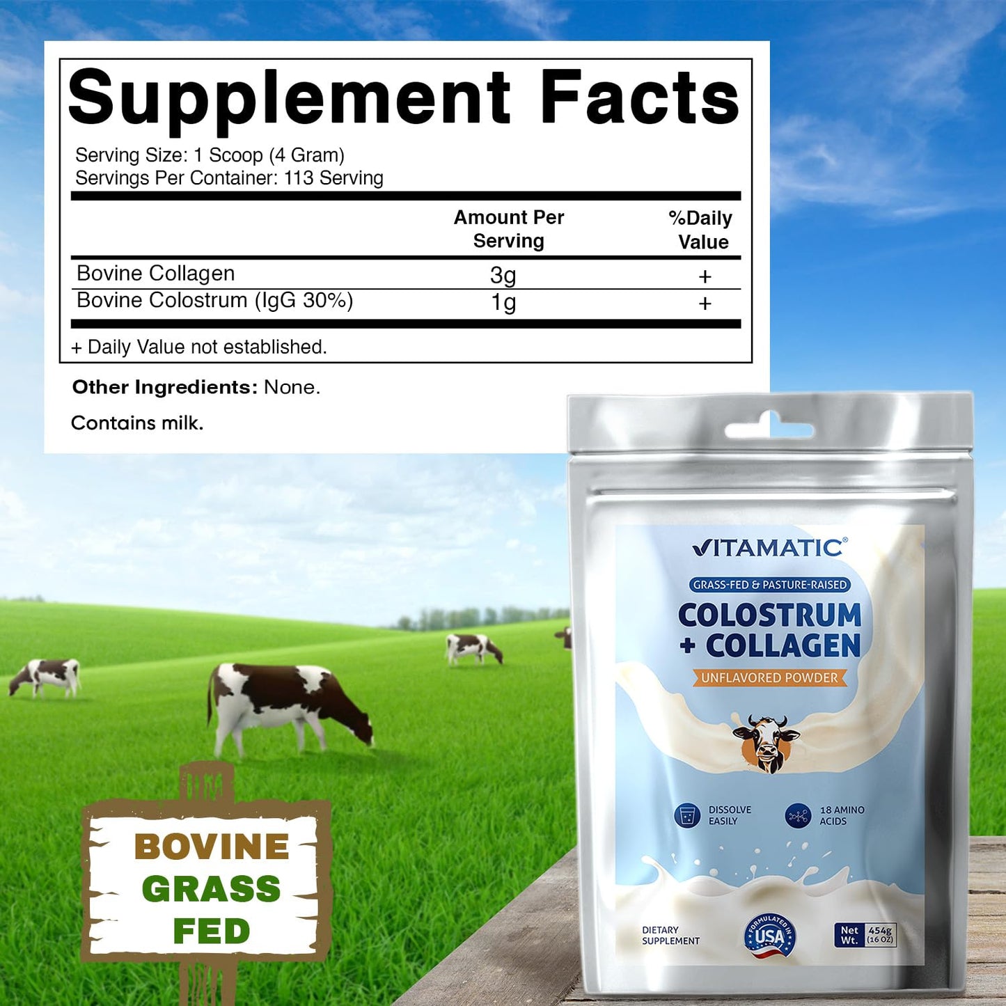 Vitamatic Bovine Colostrum + Collagen Powder 16 oz