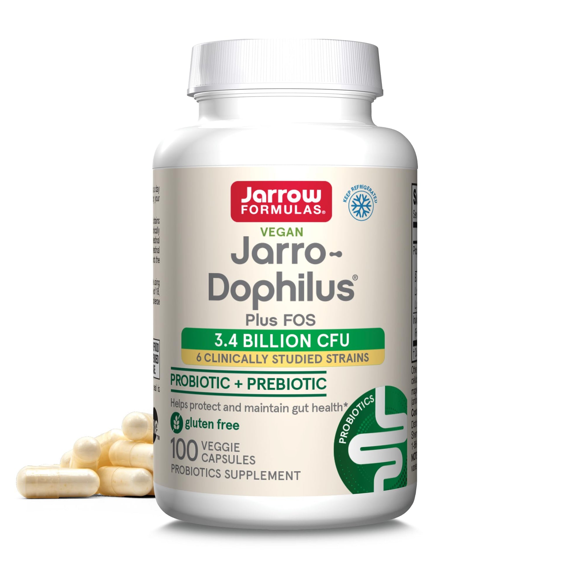 Jarrow Formulas Jarro-Dophilus + FOS - 3.4 Billion CFU Per Serving - Prebiotic & Probiotics Supplement for Immune & Intestine Support - Up to 100 Servings Capsules 100 Count