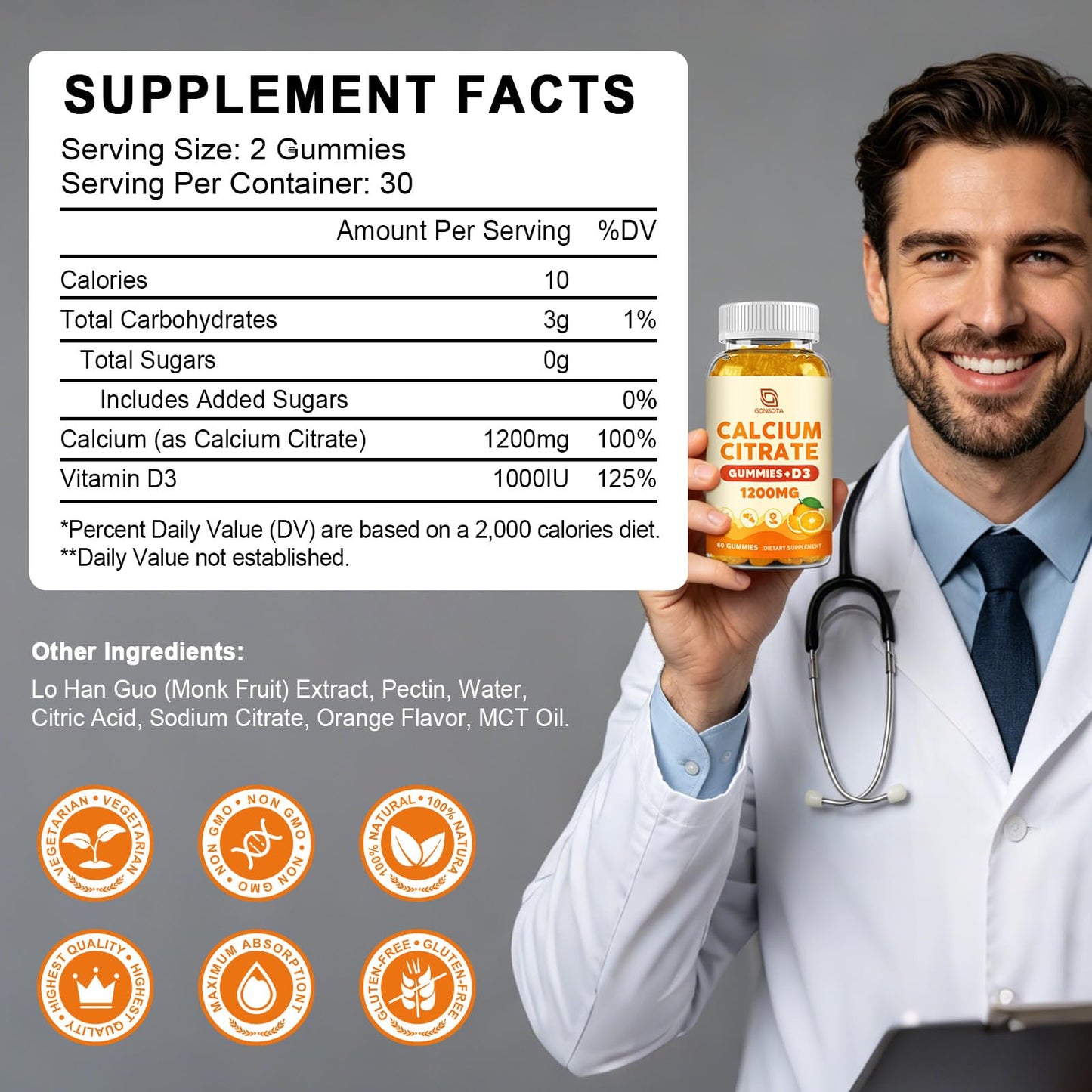 GONGOTA Calcium Citrate 1200mg with Vitamin D3 Gummy, 60 Count