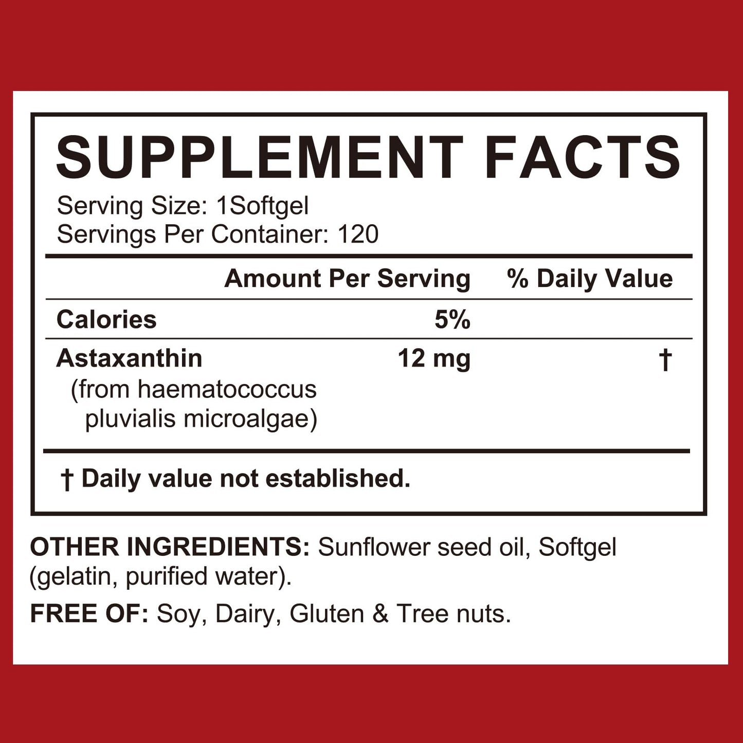 vopxccvy Astaxanthin 12mg Softgels from Microalgae 120-count