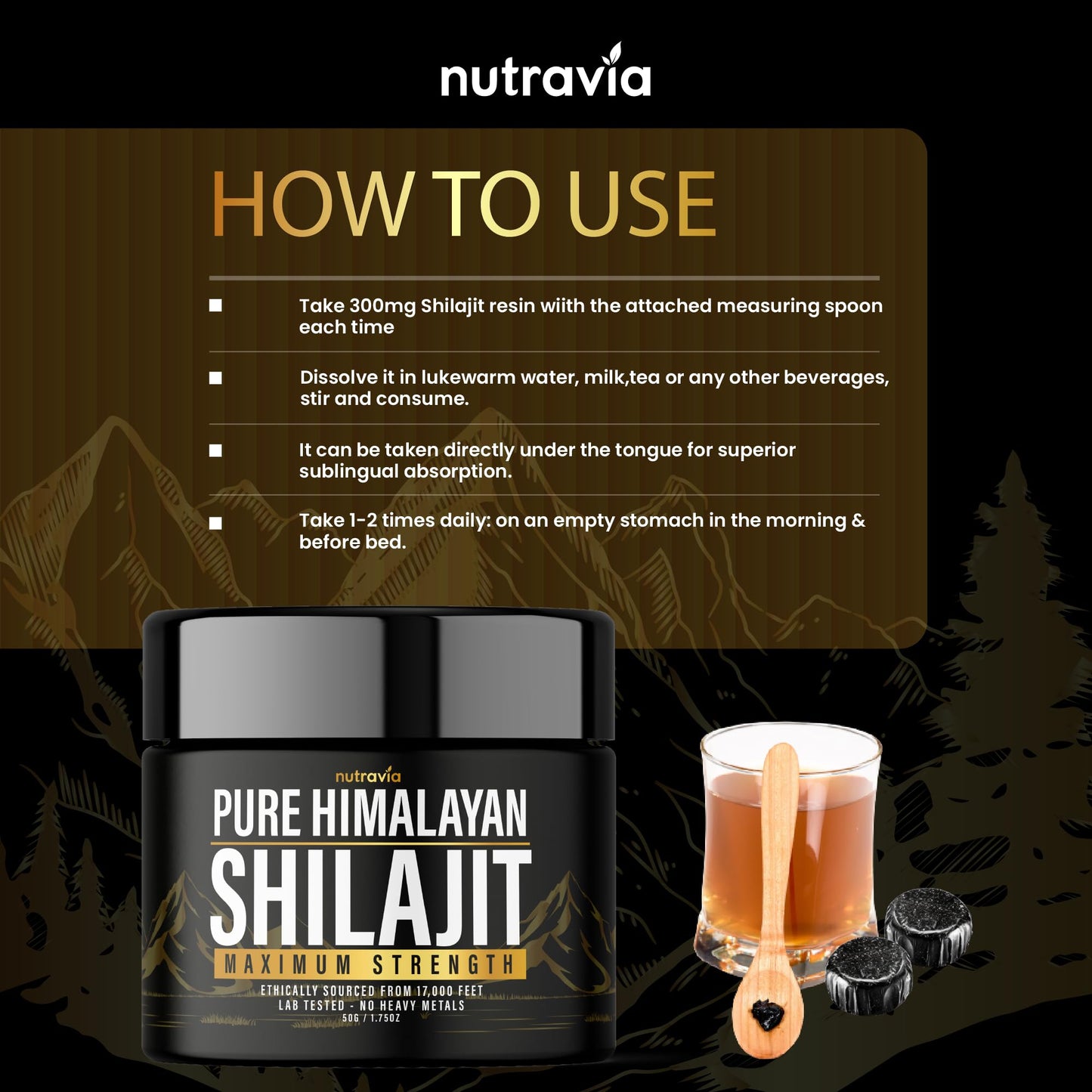Nutravia Shilajit Capsule 600mg Max Strength with 85+ Trace Minerals Golden Grade (2 Capsules)