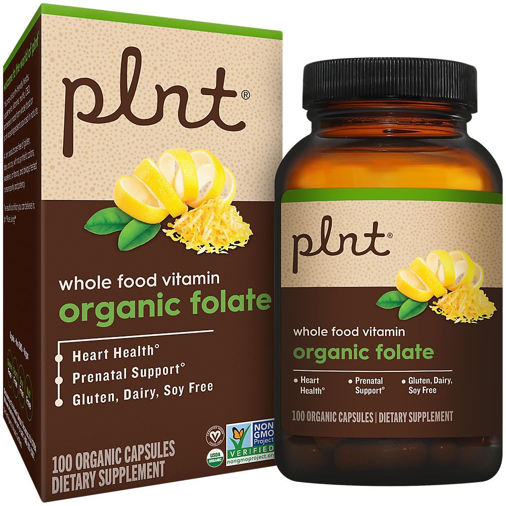 plnt Organic Folate Whole Food Prenatal Support 800mcg Folic Acid, Vegetarian Capsules, 100 Capsules