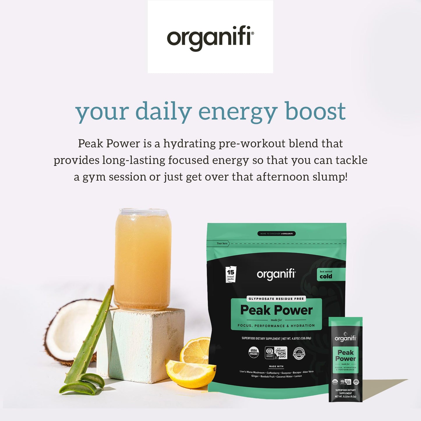 Organifi Peak Power Pre Workout Powder to Support Hydration with Lion's Mane and Guayusa, 6.49 Ounce