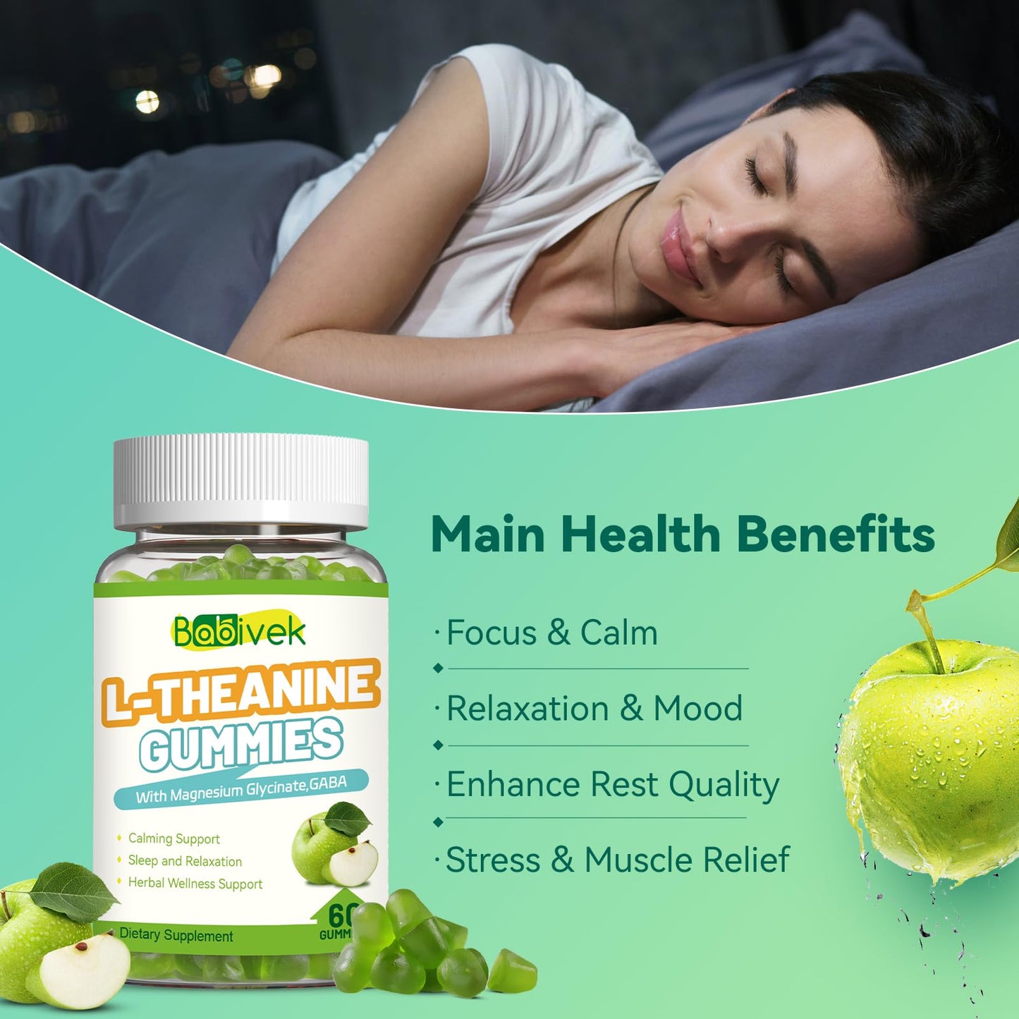 Babivek L-Theanine 400mg Gummies with GABA and Magnesium Glycinate, 120 Gummies