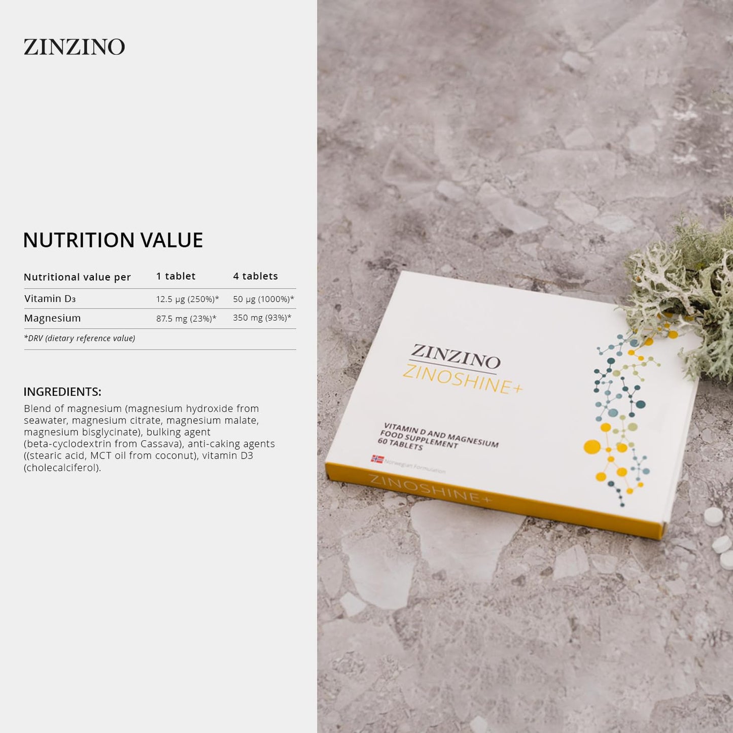 ZINZINO ZinoShine+ Vitamin D3 & Magnesium Supplement for Immune Support, Energy, Muscle, Bone & Teeth Health - Reduces Fatigue - 60 Tablets