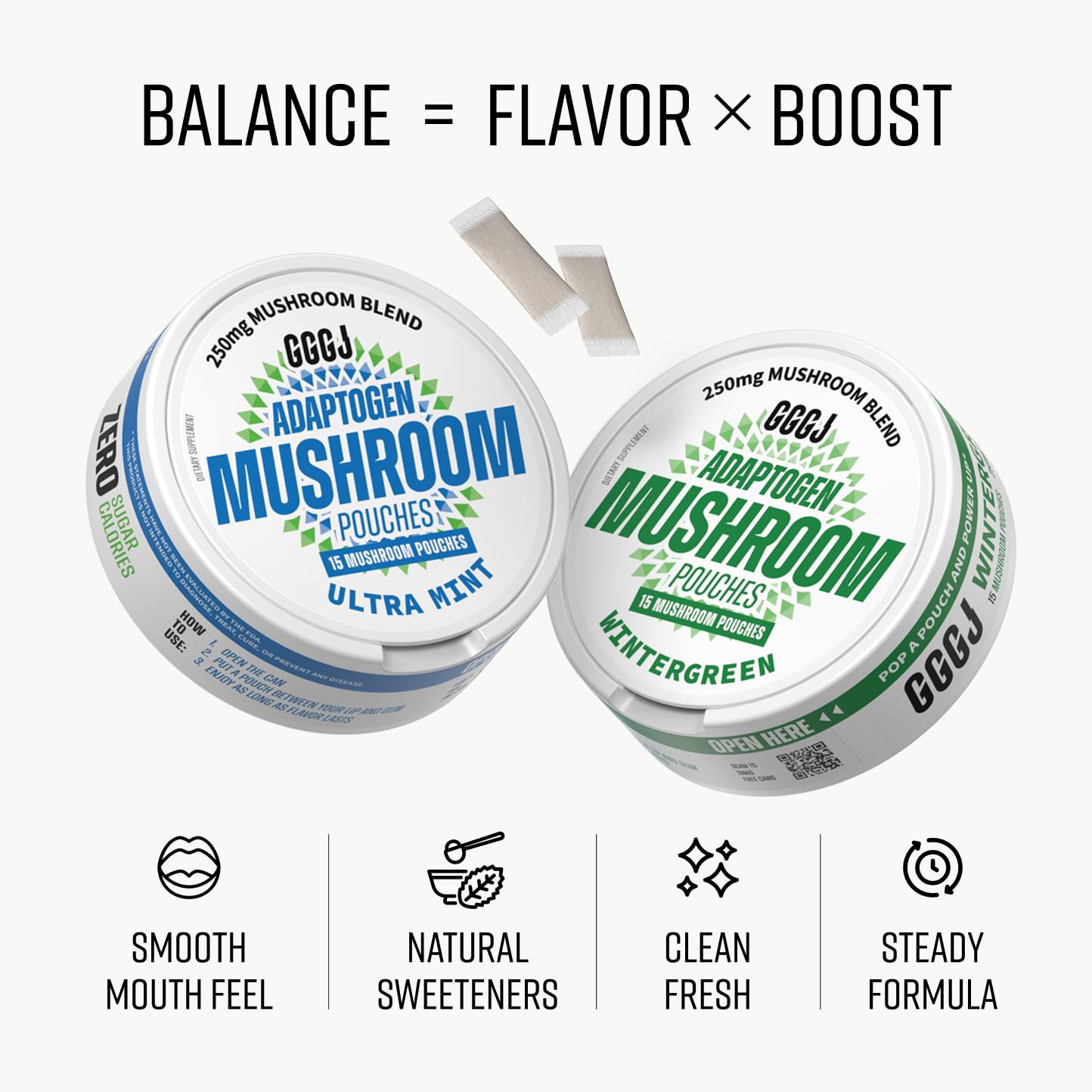 GGGJ Adaptogen Mushroom Nootropic Pouches Chewable 60 Count