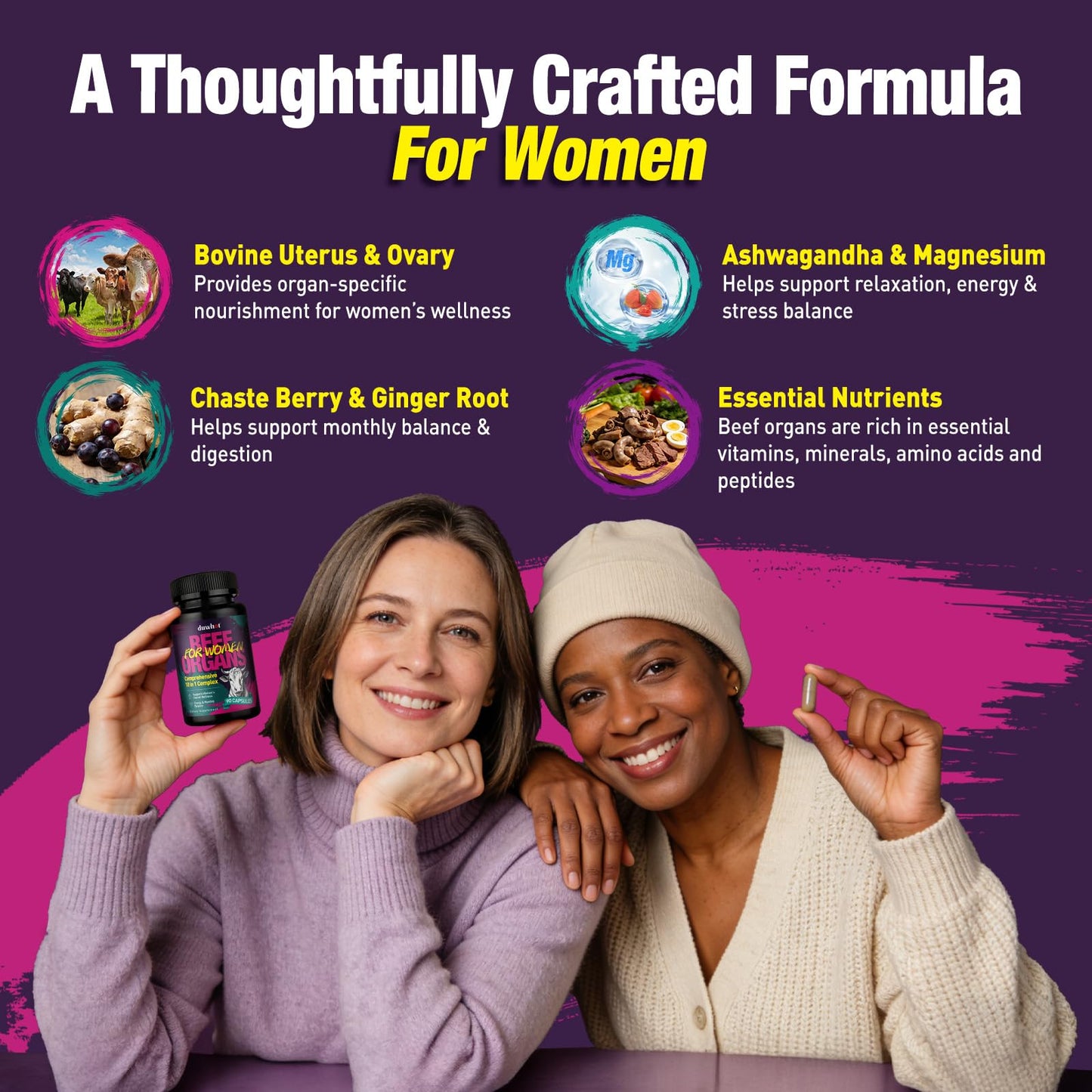 duwhot Beef Organ Supplement for Women 10 in 1 Complex with Beef Liver, Uterus, Kidney, Heart 90 Capsules