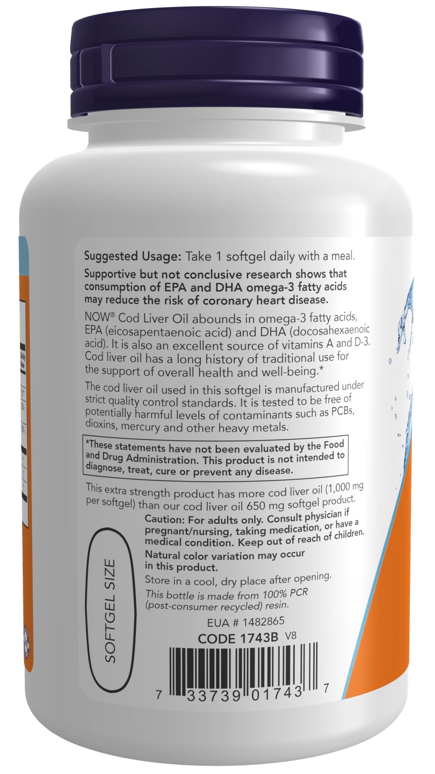 NOW Foods Cod Liver Oil Extra Strength 1,000 mg with Vitamins A & D-3, EPA, DHA Softgel 90 Count