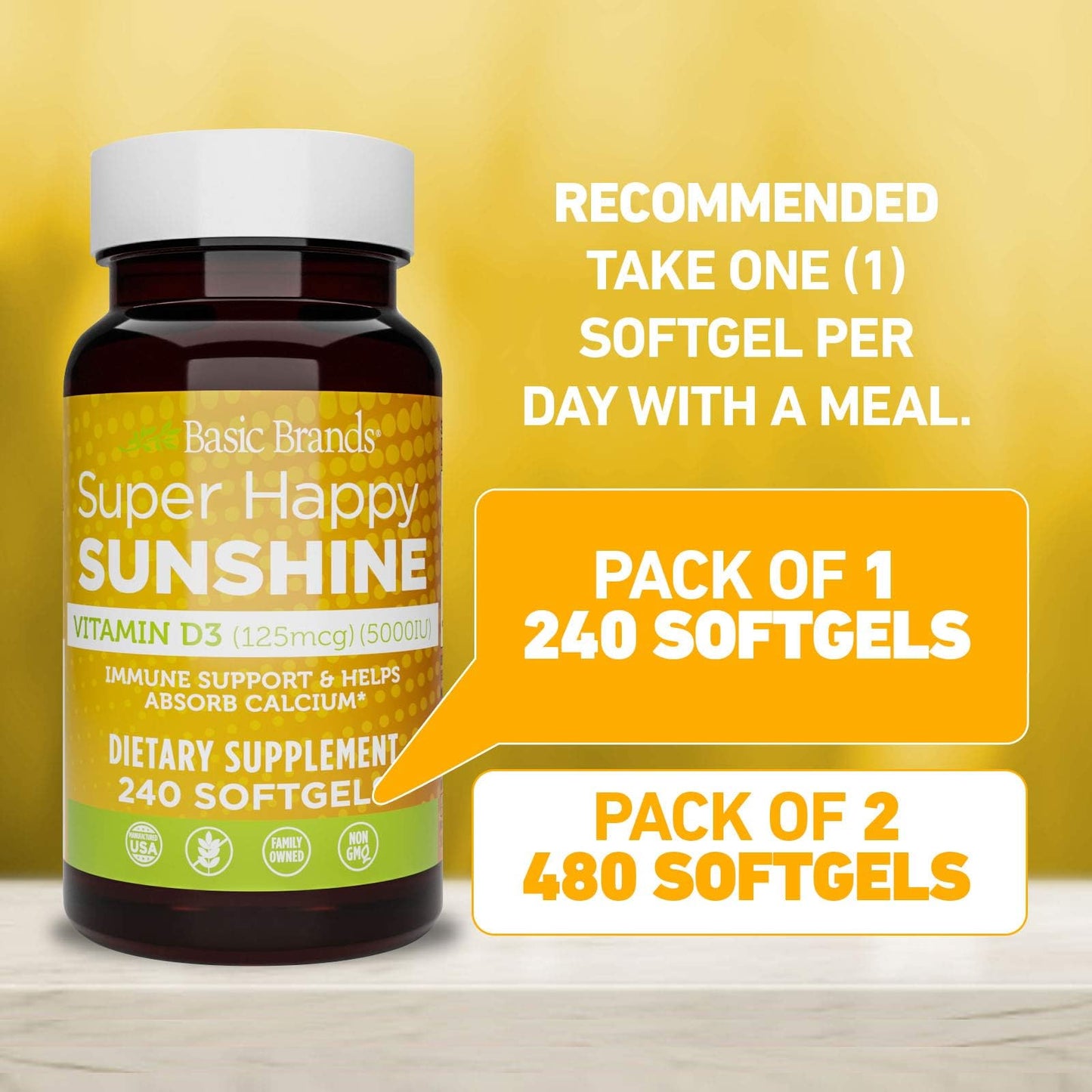 Basic Organics Vitamin D3 5000 IU Softgels, 240 Count