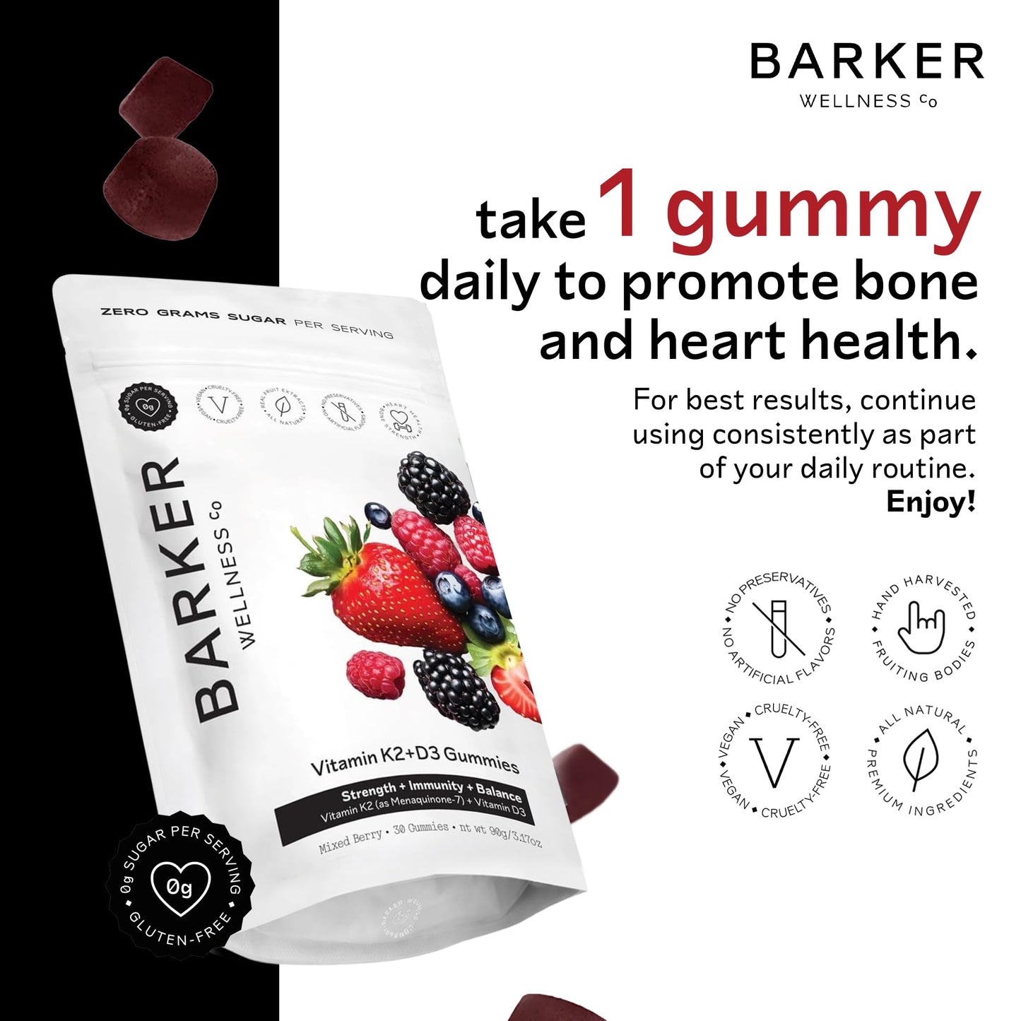 Barker Wellness Co D3 K2 Vitamin Gummies Max Potency 6000IU D3 + 200mcg K2, Vegan Sugar-Free Mixed Berry, Gummy, 30 Count