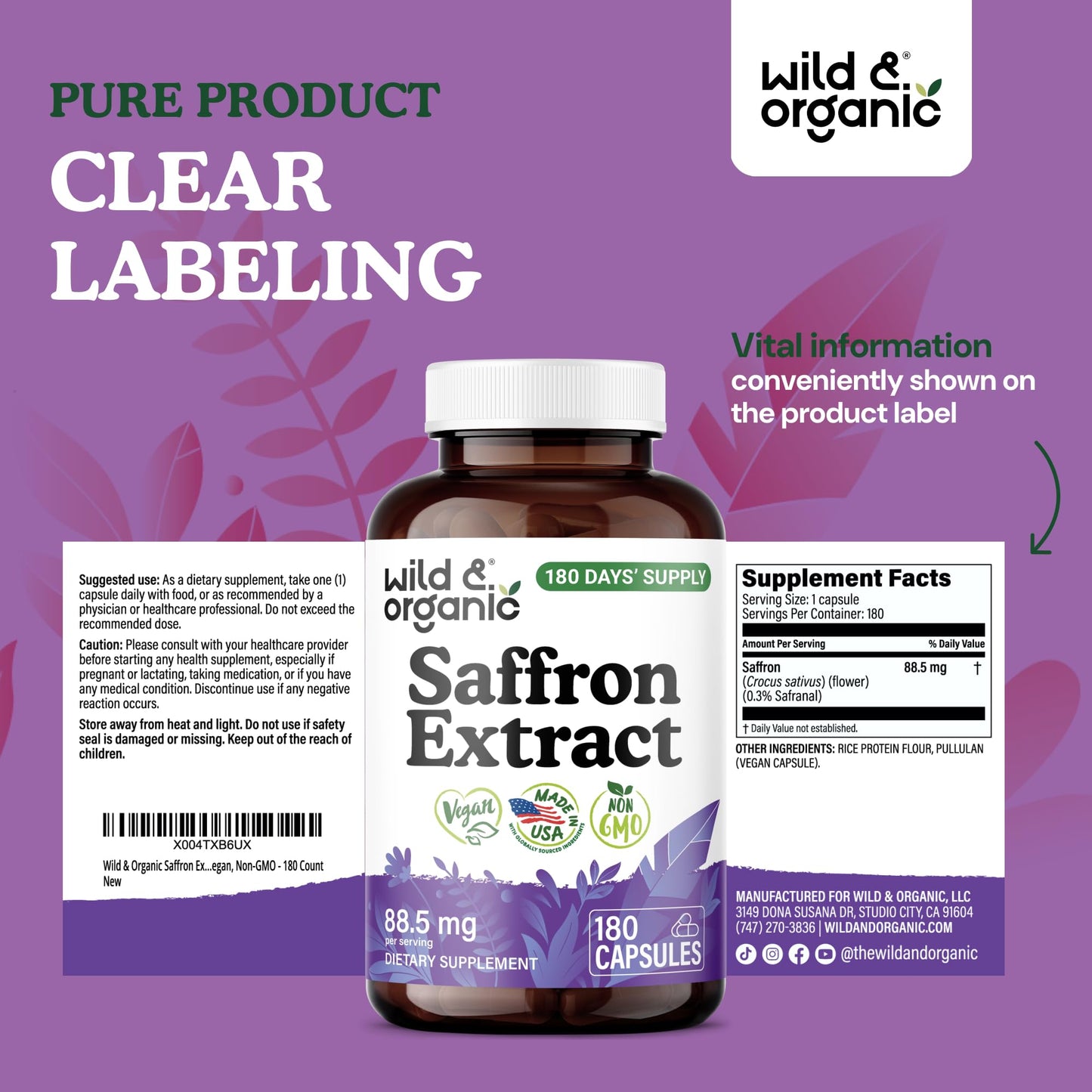 Wild & Organic Saffron Extract Capsules 180 Count