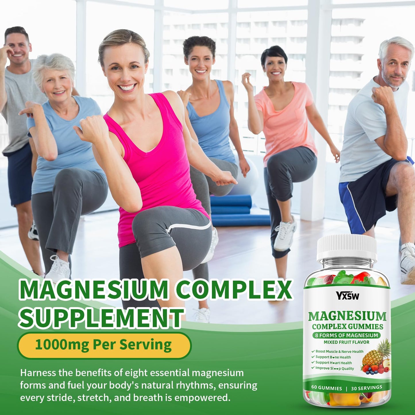 YXSW Magnesium Complex Gummies 8 Elemental 1000mg - Magnesium Glycinate, Citrate, Malate, Taurate, Supports Bones, Muscle, Nerve Health, Vegan Non-GMO, Mixed Flavors, 120 Gummies