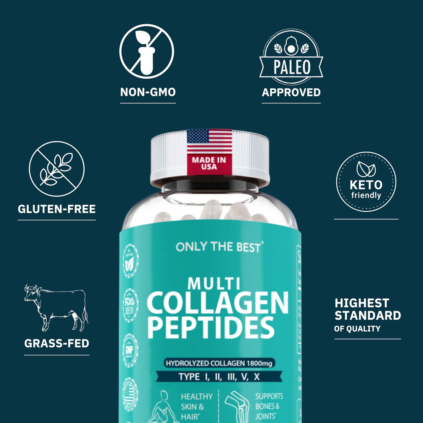 Only The Best Premium Multi Collagen Peptides Capsules 1800mg Types I, II, III, V, X, 90 Capsules