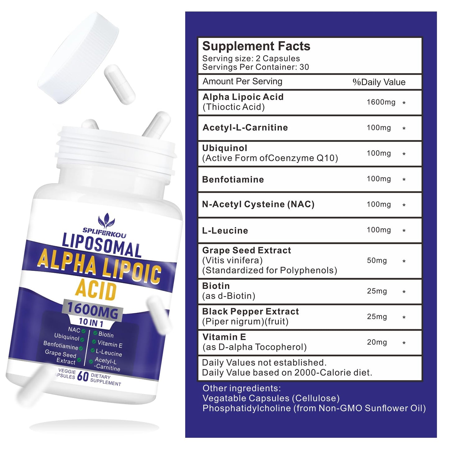 Spliferkou Liposomal Alpha Lipoic Acid 1600mg per Serving Capsule, 60 Capsules