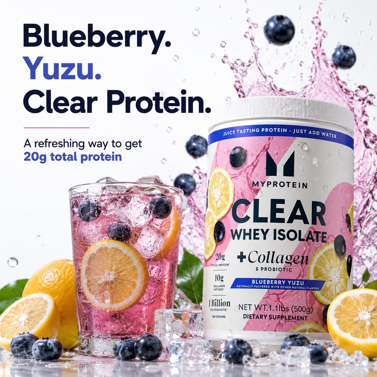 Myprotein Clear Whey Isolate + Collagen & Probiotic Blueberry Yuzu Clear Protein Powder, 17.6 oz