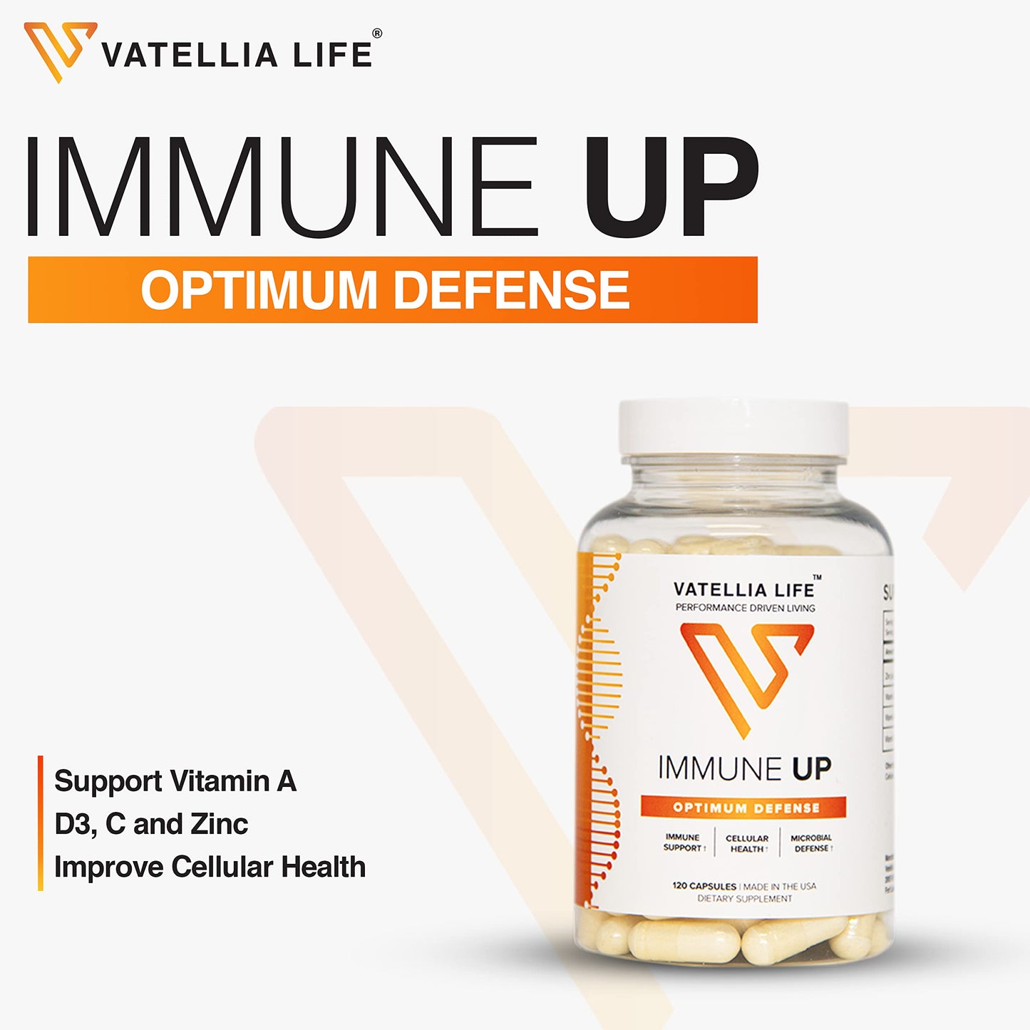 Vatellia Life Immune Up High-Absorption Vitamin C, D3, A + Zinc Capsules, 120