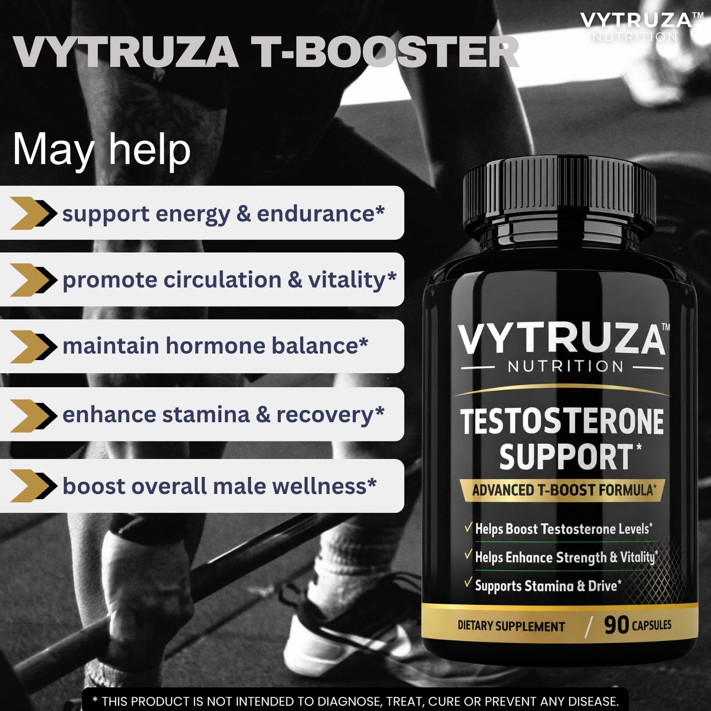 VYTRUZA Testosterone Supplement for Men - Advanced T-Boost Formula for Energy, Strength, Stamina - Natural Testosterone Booster for Men Muscle Growth Support, 90 Capsules