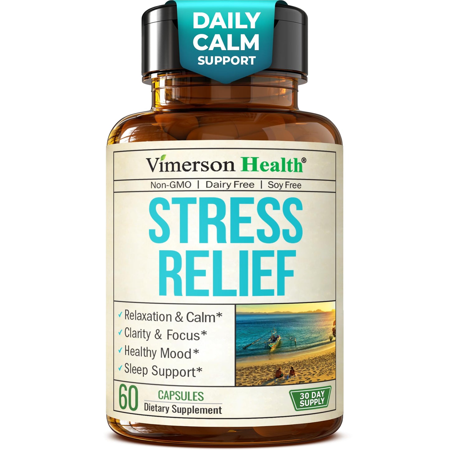 Vimerson Health Stress Relief Supplement with 5-HTP, Ashwagandha, Valerian, St John's Wort, GABA, Chamomile & B-Vitamins Capsules, 60 Count