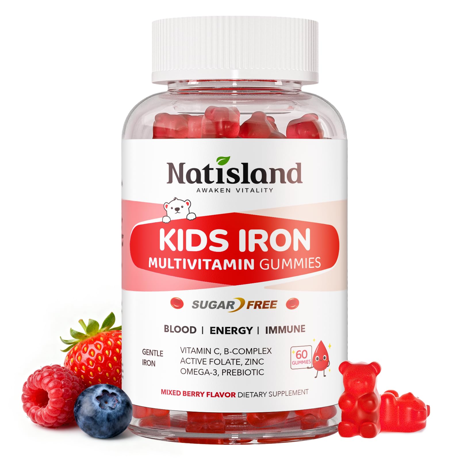 NATISLAND Iron Gummies for Kids & Teens, Blood Builder & Energy, Gummy, 60 Count