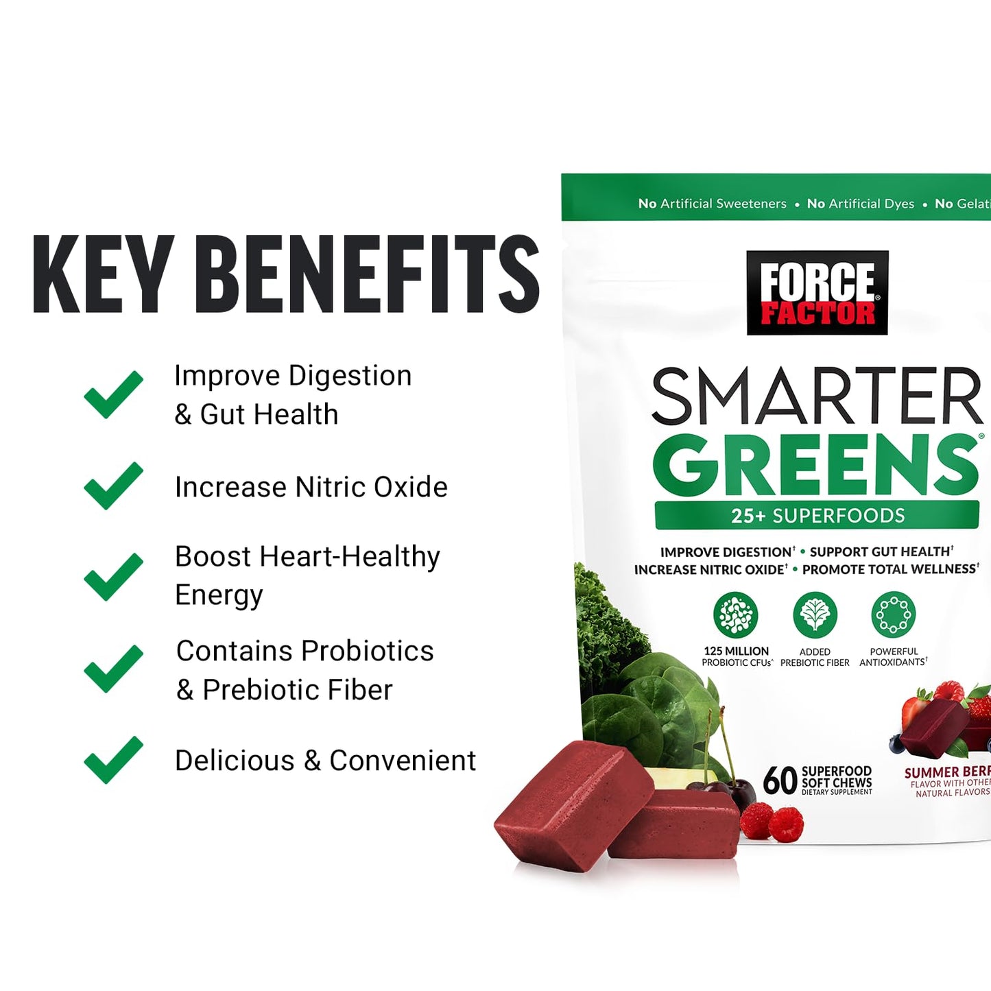 Force Factor Smarter Greens Superfood Soft Chews with Probiotics & Lions Mane & Turkey Tail Mushrooms, 60 Count