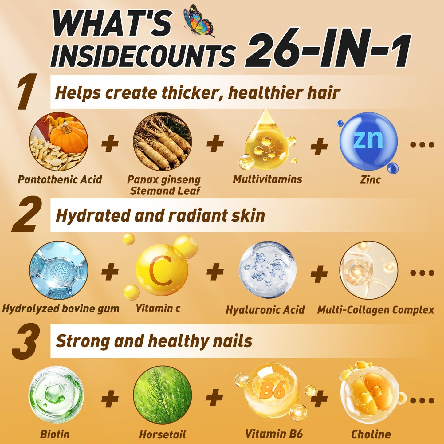 BUTTERFLY'S TEAR Hair Skin & Nails Gummies with Biotin 10000 mcg Collagen Complex, Supports Healthy Hair and Hair Growth, Healthy Skin, Stronger Nails 120 Count