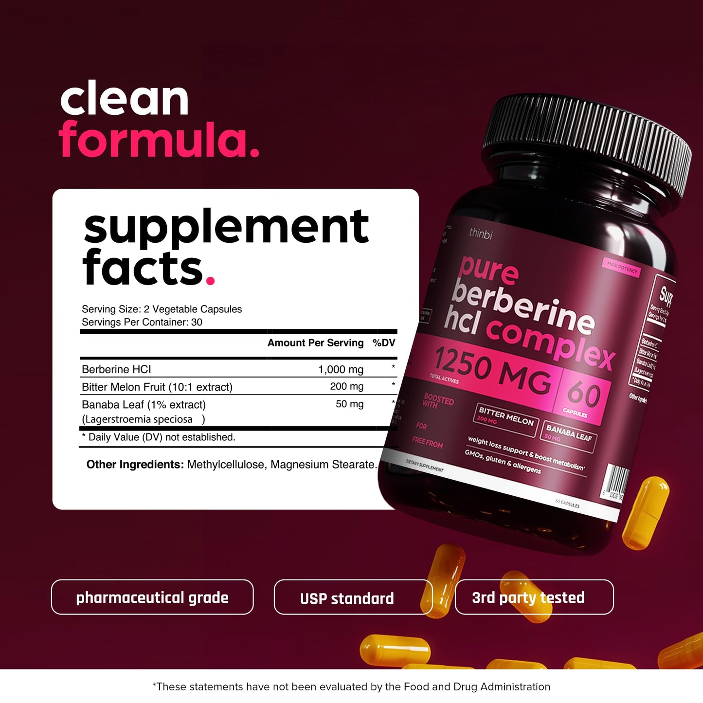 Thinbi Berberine HCl Supplement – High Potency Capsules with Bitter Melon & Banaba Leaf – Botanical Formula from Barberry Extract, 60 Capsules