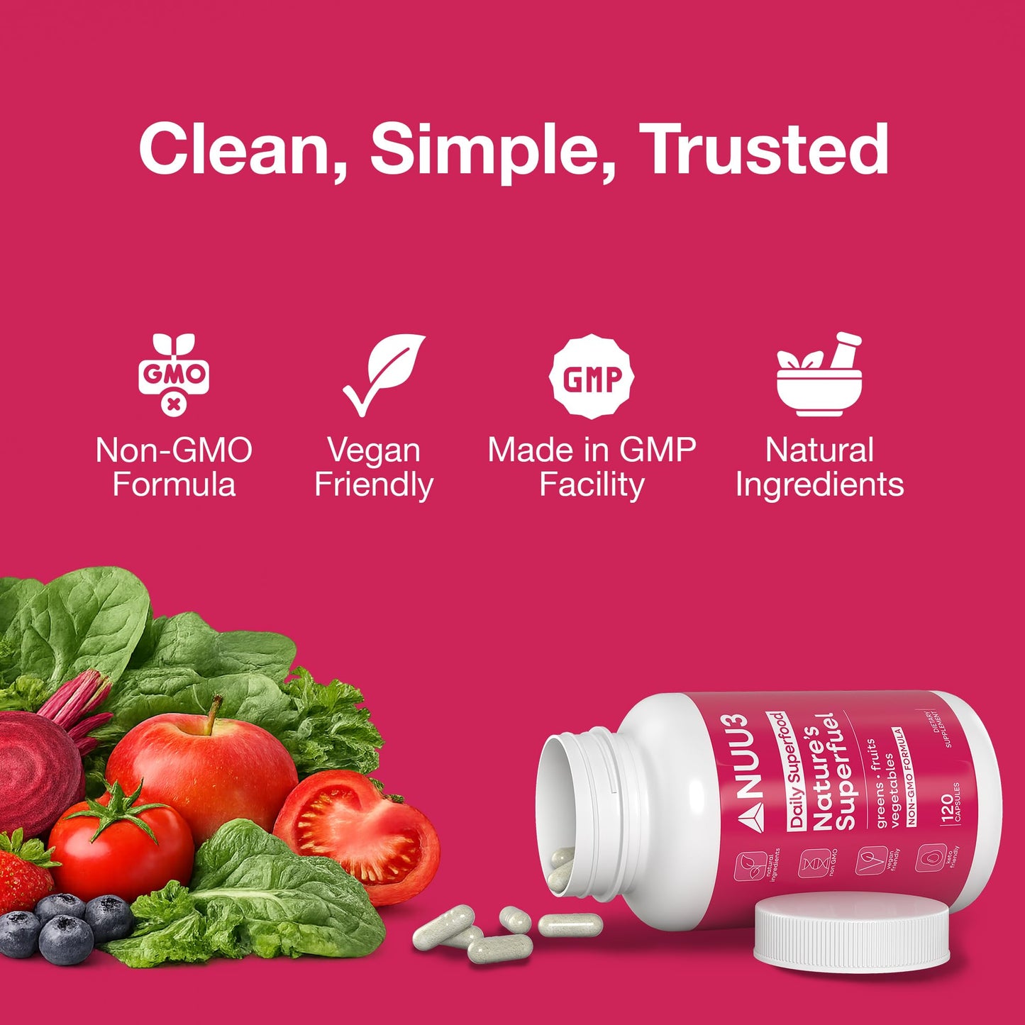 NUU3 Nature’s Superfuel Fruits & Veggies Capsules for Men & Women, 120 Capsules