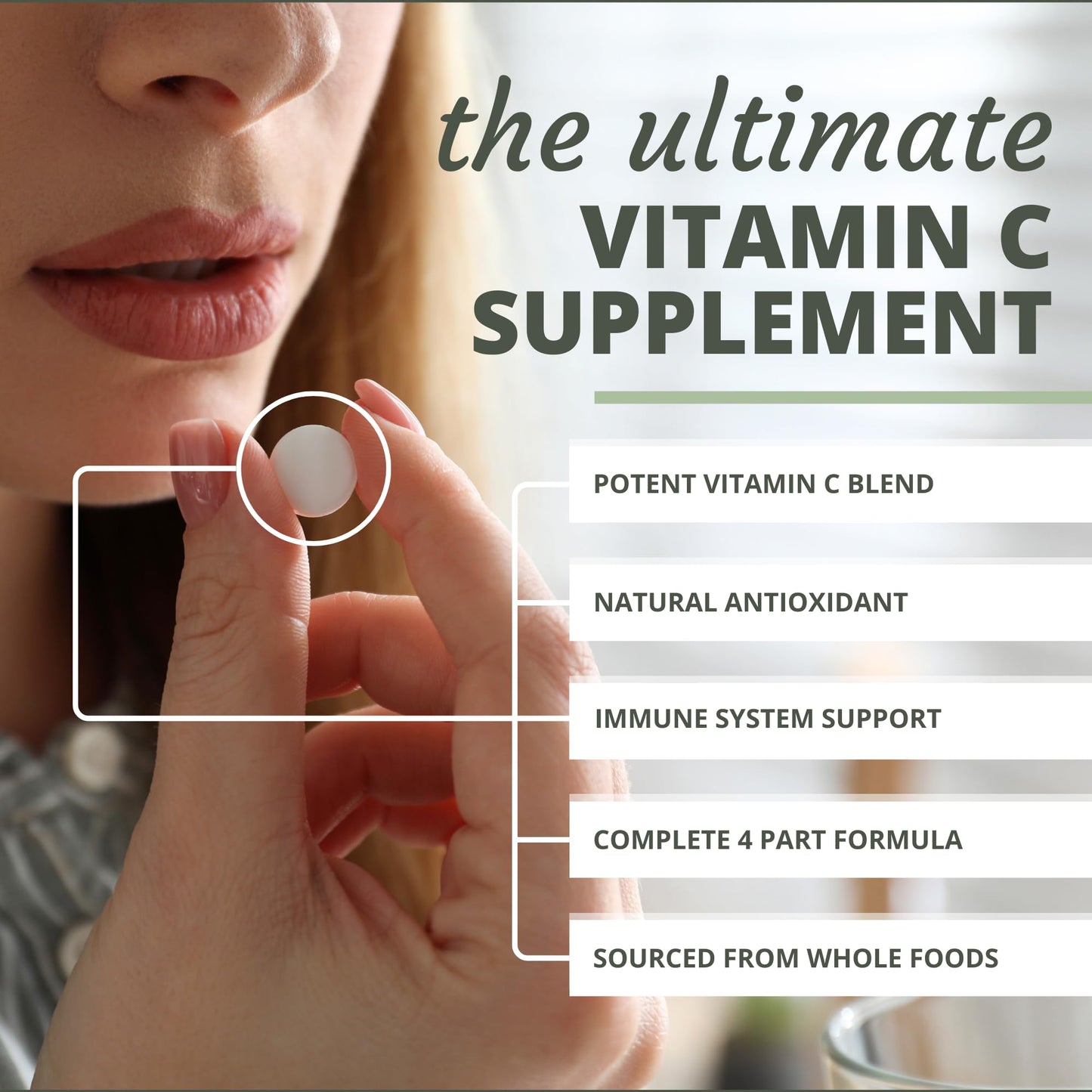 Optimal Health Systems Whole C Chewable Vitamin C from Whole Foods, Acerola Cherry, Orange Fruit, & Black Currant + Bioflavenoids, 60 Tablets
