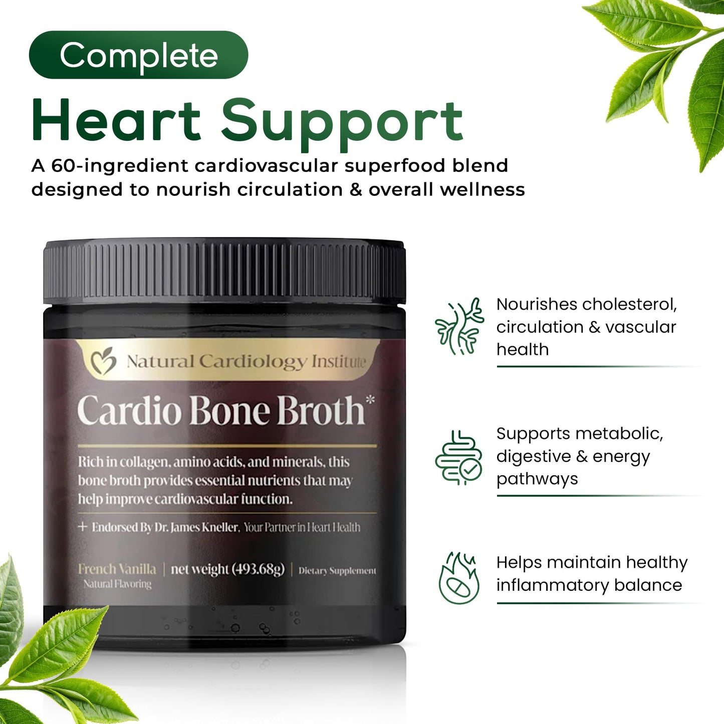 Natural Cardiology Institute Cardio Bone Broth Protein Powder Vanilla 17.4 Ounce