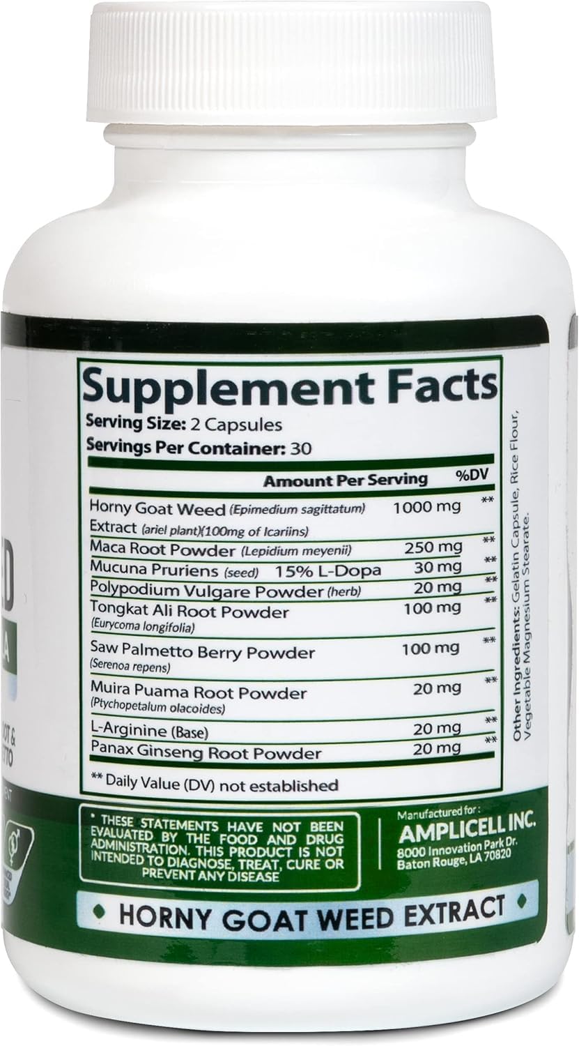 Amplicell Horny Goat Weed Complex Supplement with Maca Root, Tongkat Ali, L-Arginine & Panax Ginseng Capsules, 60 Count