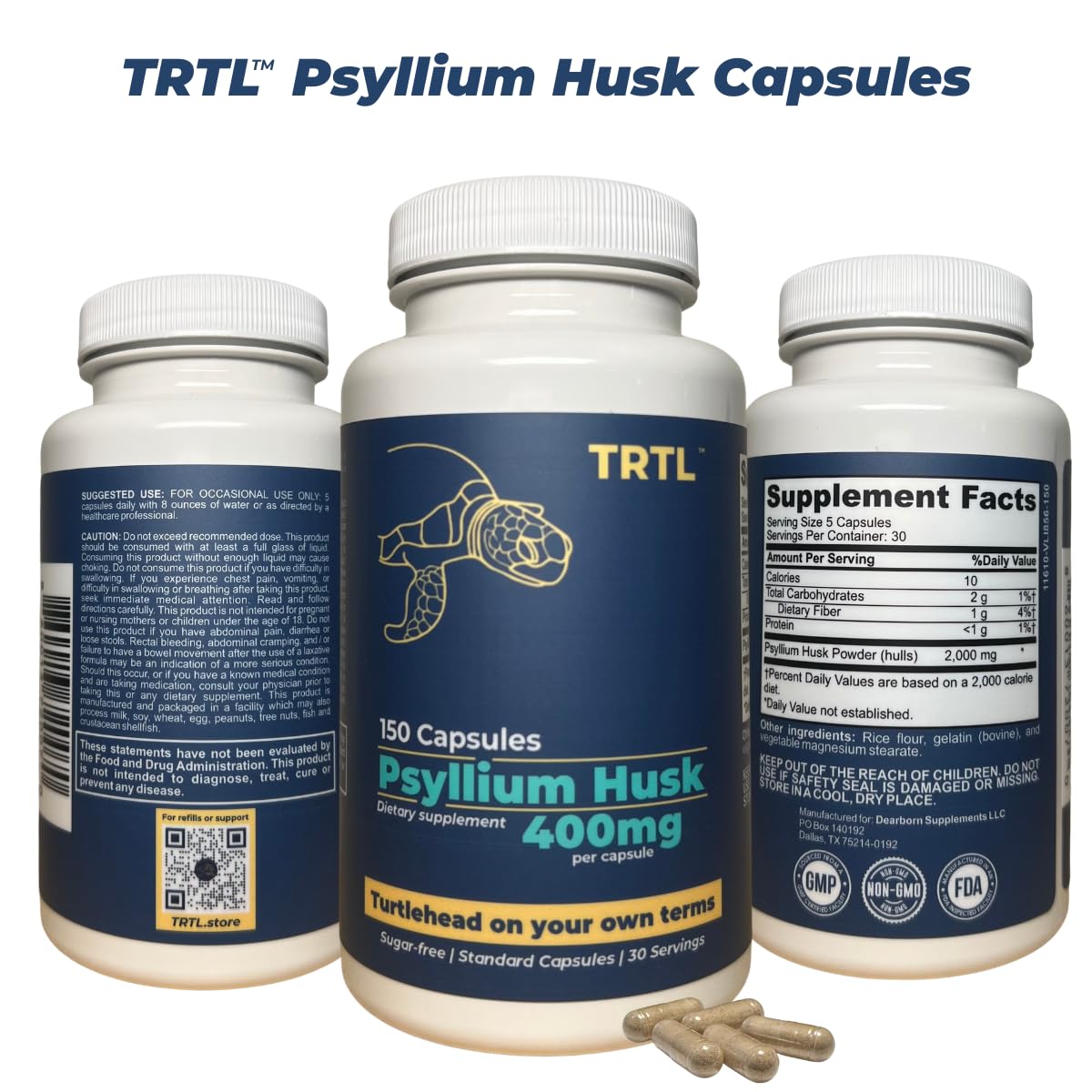 TRTL Supplements Psyllium Husk Capsules 150 Count