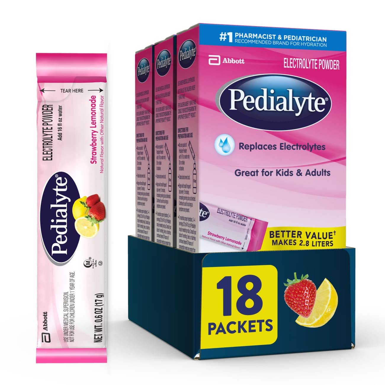 Pedialyte Electrolyte Powder Packets, Strawberry Lemonade, 18 Count