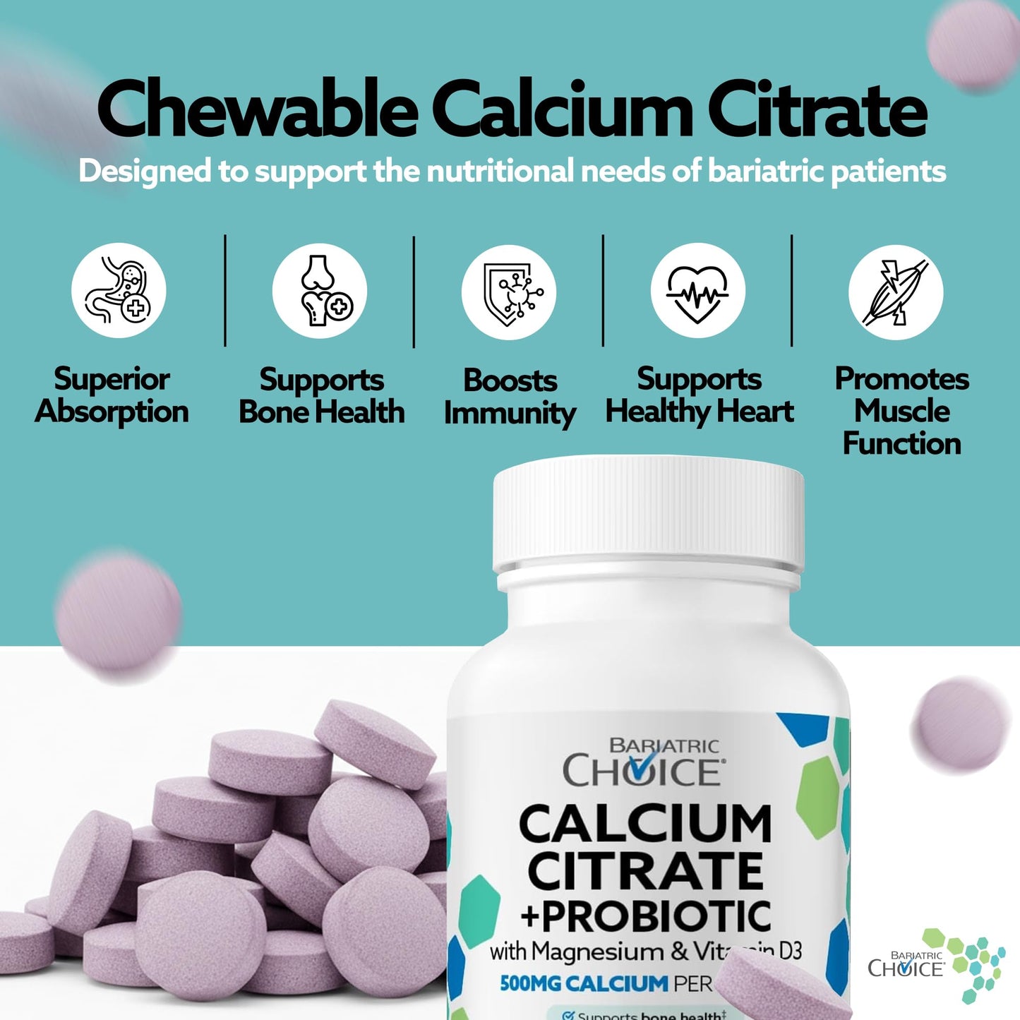 Bariatric Choice Calcium Citrate 500mg with Vitamin D3, Magnesium & Probiotics Tablets, 90 Count