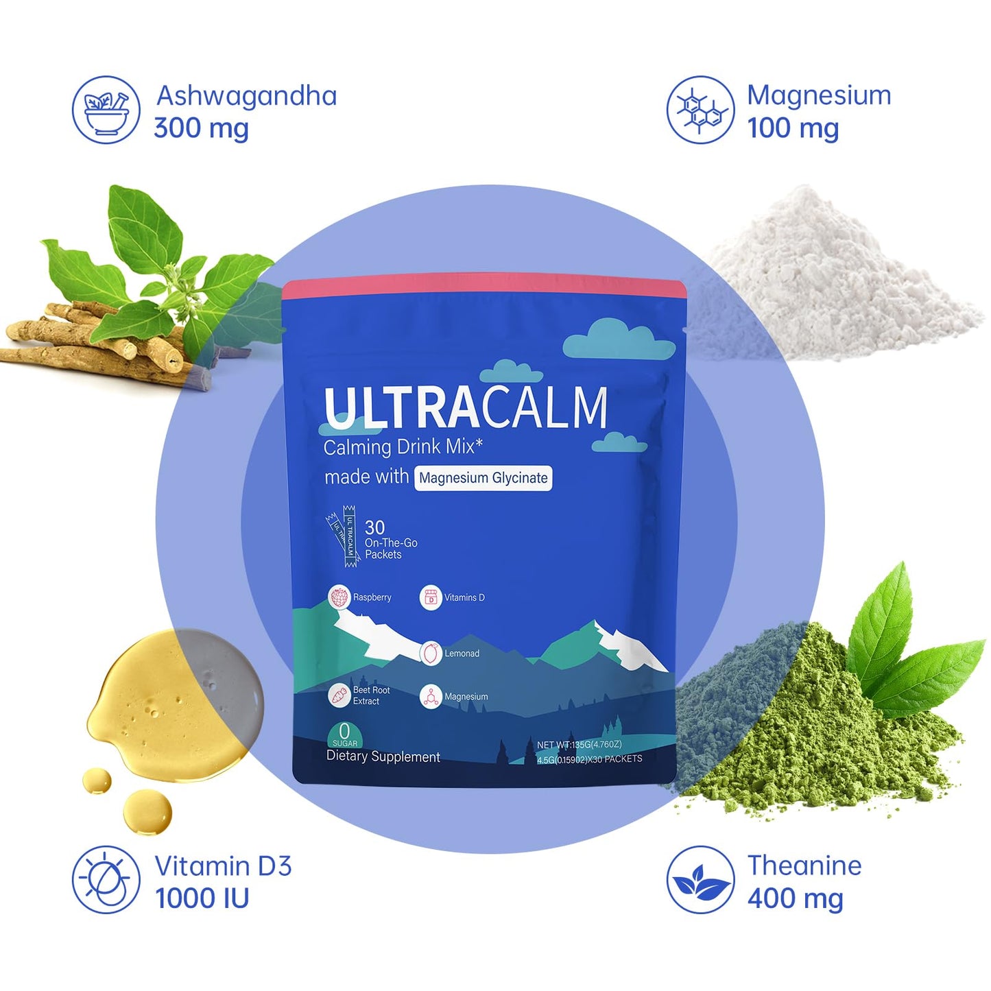 EWJHJ UltraCalm Super Calm Cortisol Drink Magnesium Glycinate Powder with Ashwagandha L-Theanine Vitamin D3 Raspberry Lemonade, 4.76 Ounce