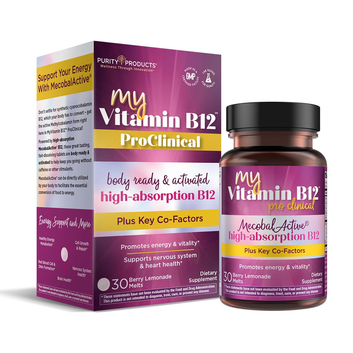 Purity Products MyVitamin B-12 ProClinical Melt Methylcobalamin B12 with B6, D3, Folic Acid, Biotin – High Absorption MecobalActive B12-30 Melting Tablets, 30 Count
