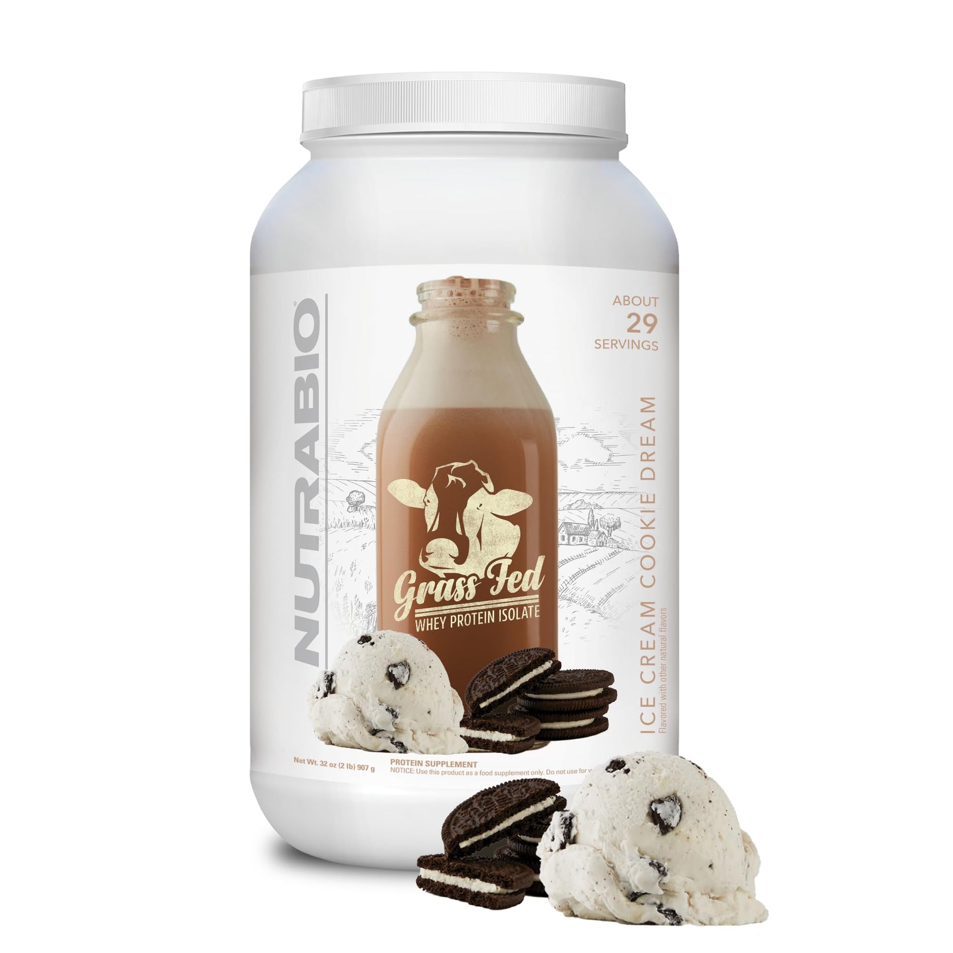 NutraBio Grass Fed Whey Isolate Protein Powder - Ice Cream Cookie Dream - 32