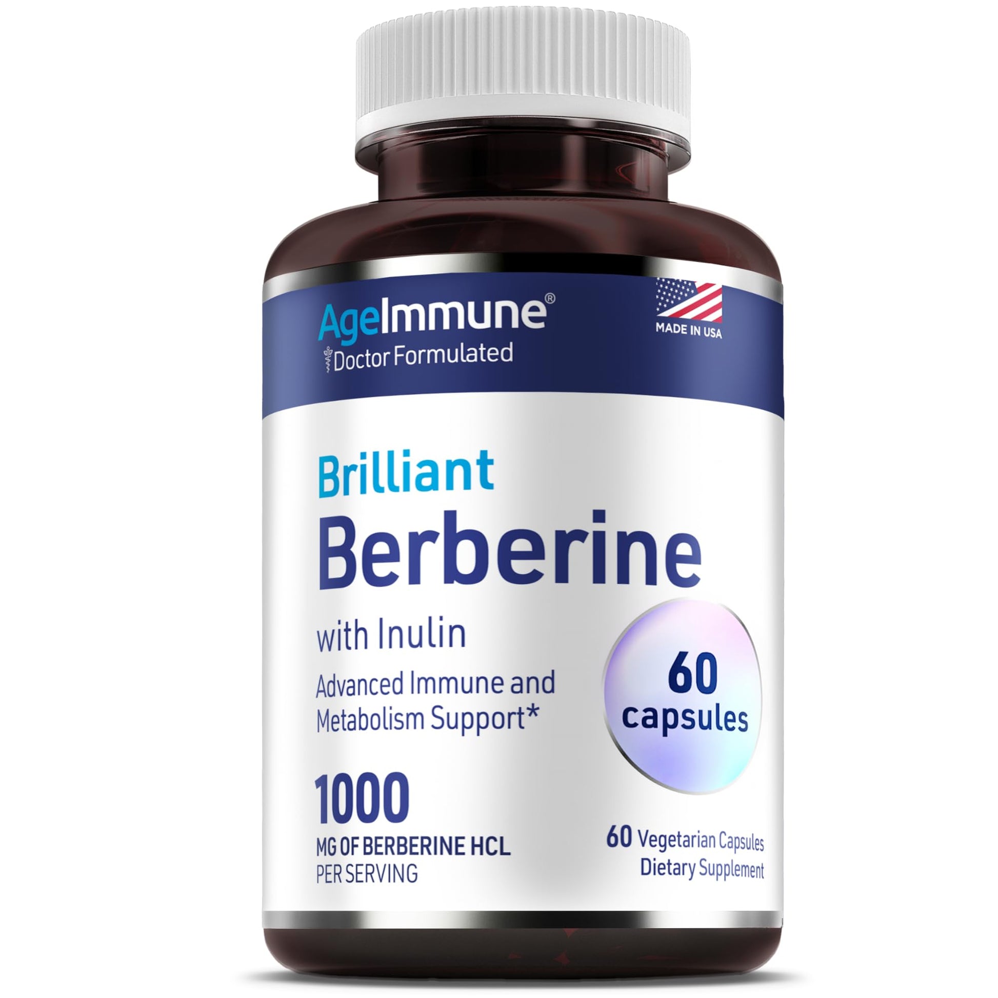 AgeImmune Berberine 1000mg Supplement Complex with Inulin Prebiotic - Berberine HCL 500mg, Capsules, 60 Count