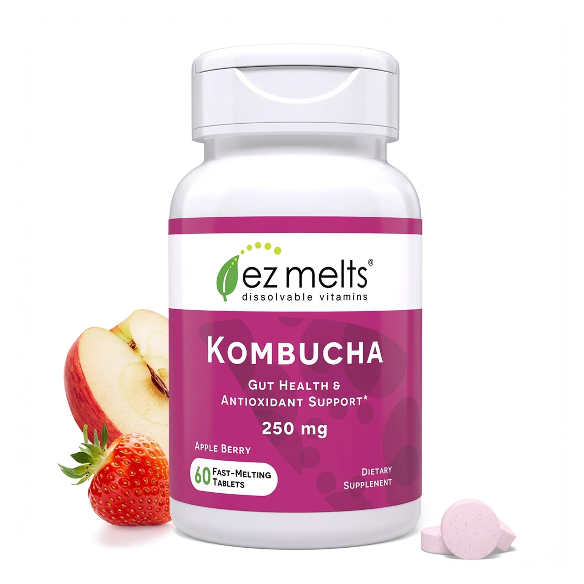 EZ Melts Dissolvable Sugar-Free Kombucha Tablets with SCOBY & Apple Cider Vinegar, Apple Berry Flavor, 60 Tablets