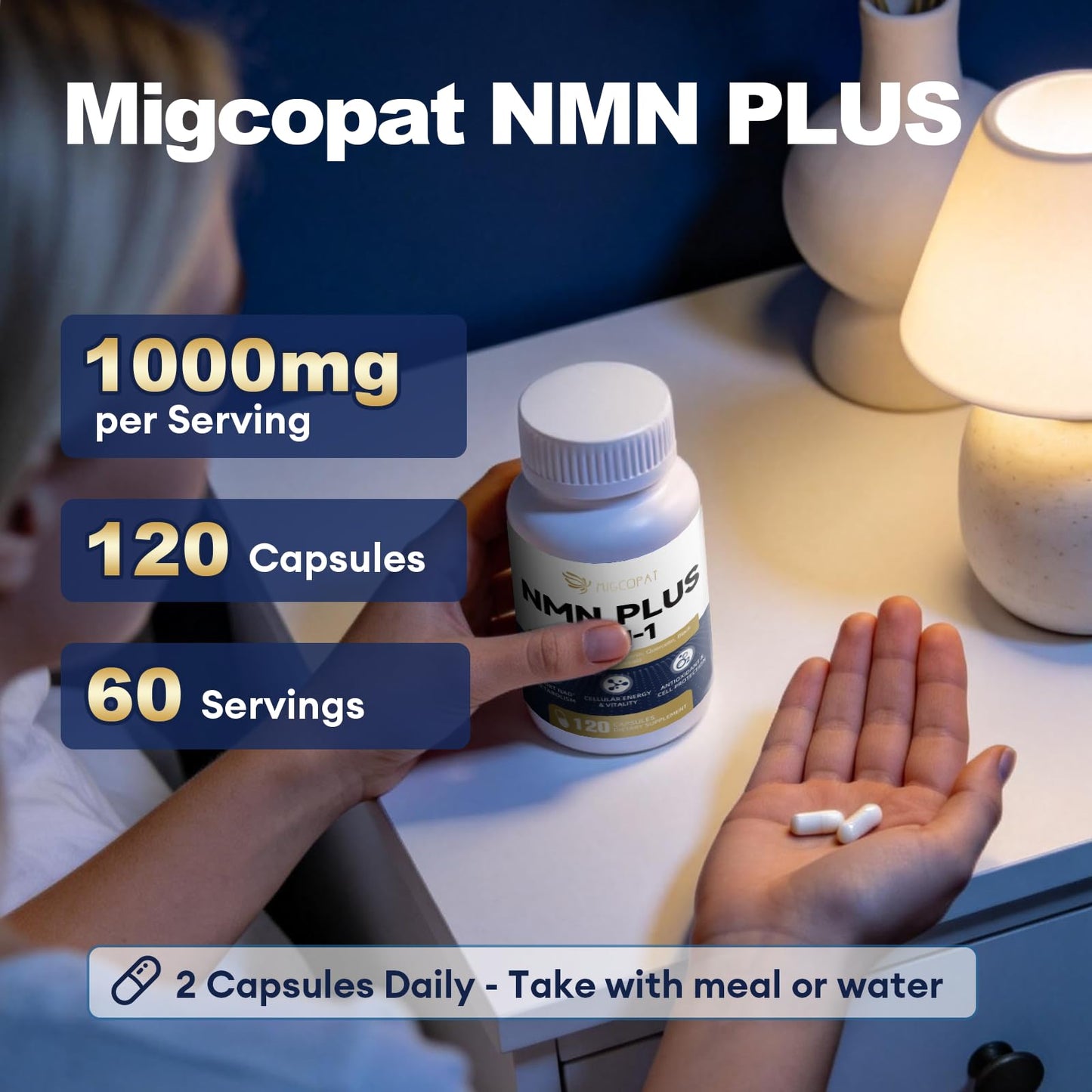 Migcopat NMN Supplement 1000mg – NMNH Alternative 5-in-1 NAD Supplement w/ Resveratrol, Apigenin, Quercetin & Black Pepper – 120 Capsules