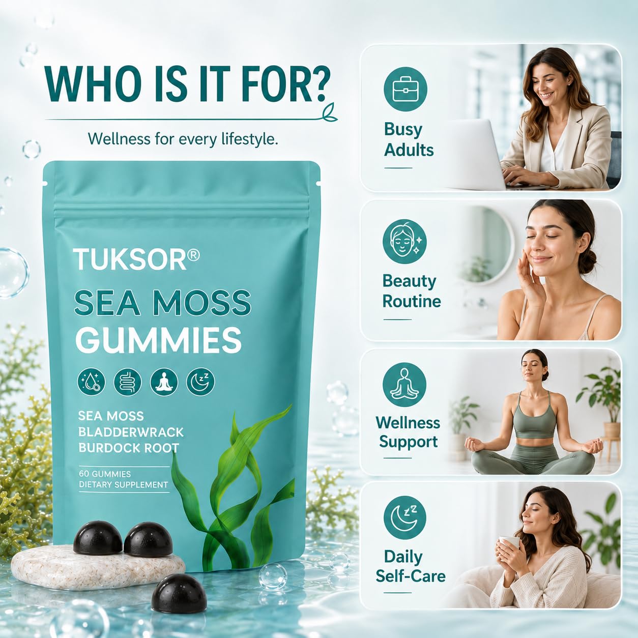 TUKSOR Organic Sea Moss Gummies with Black Seed Oil, Burdock Root, Ashwagandha & Bladderwrack – Herbal Energy, 60 Gummies