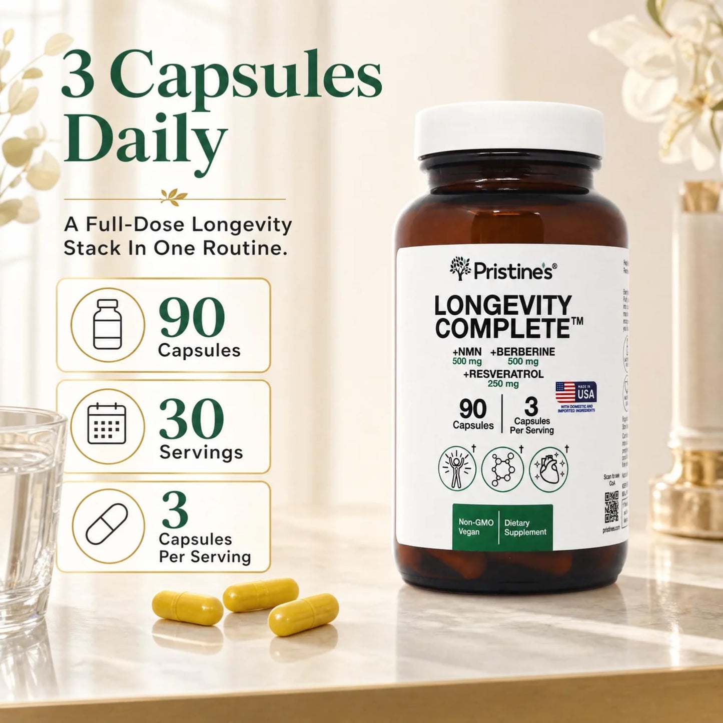 PRISTINE'S Longevity Complete Anti Aging NMN Complex - Advanced Cellular Support - NMN 500mg, Berberine 500mg, Resveratrol 250mg, Healthy Aging, Autophagy & NAD+ Support Capsules, 90 Count