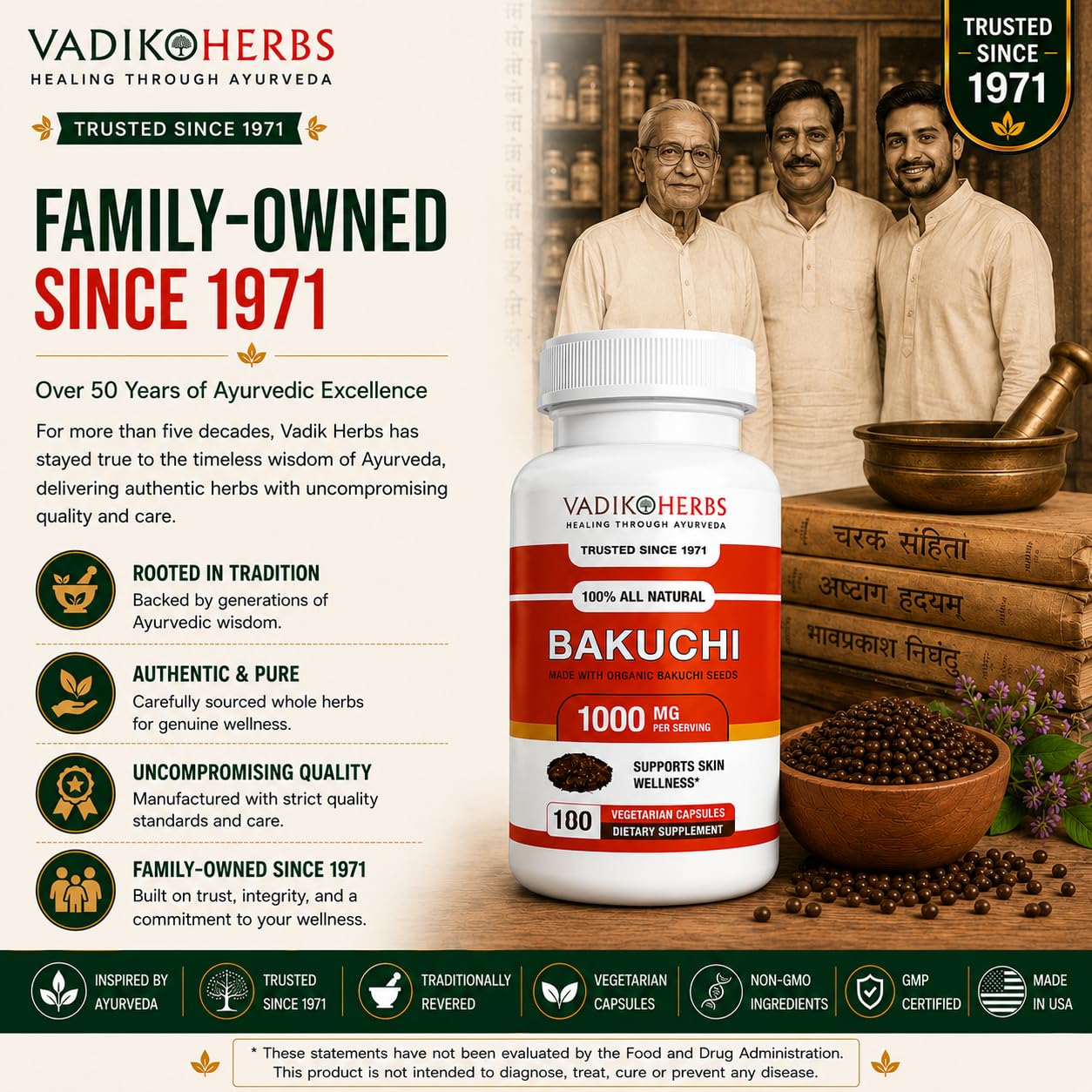Vadik Herbs Bakuchi (Babchi, Psoralea corylifolia) Certified Organic Powder, 100 Count