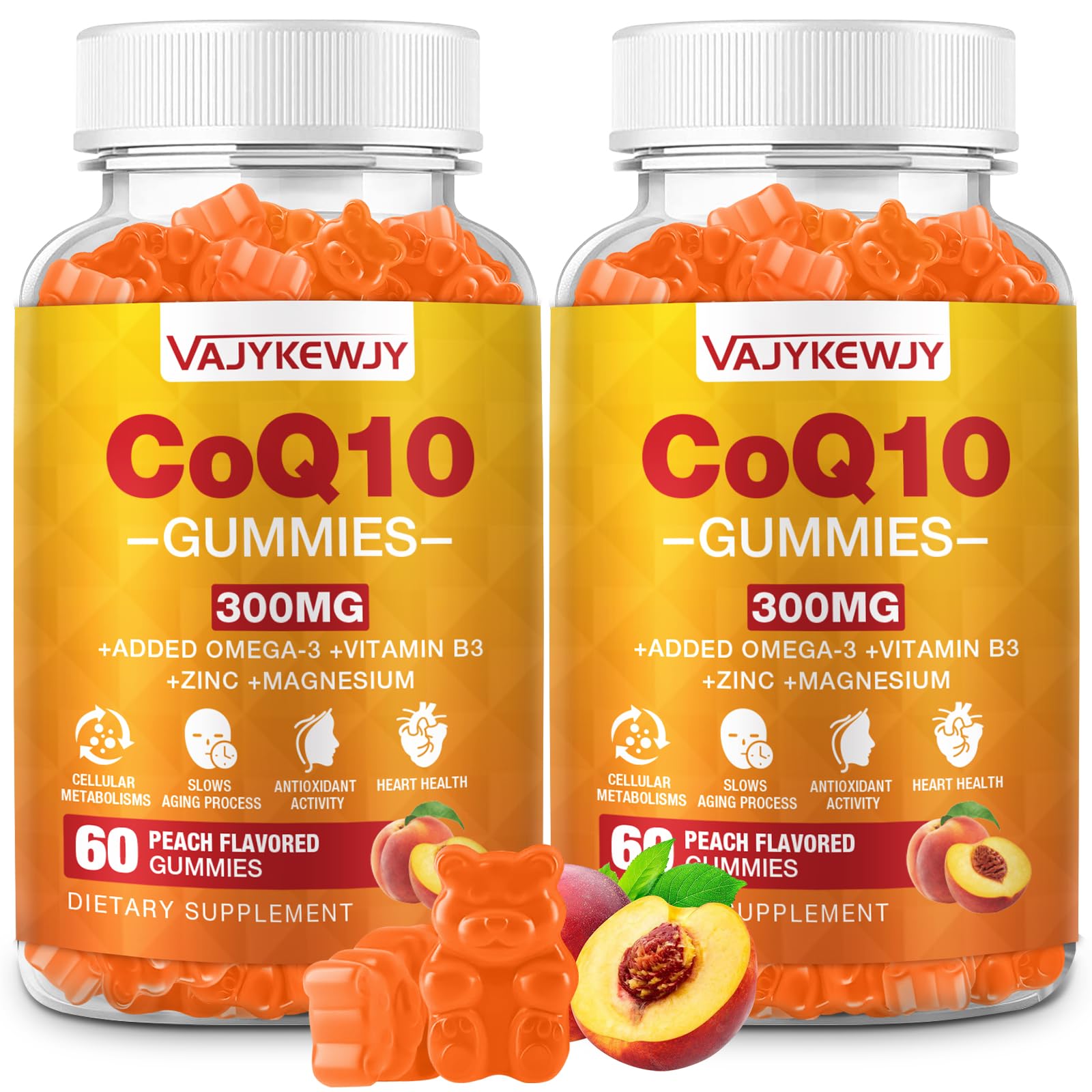 VAJYKEWJY CoQ10 Gummies with Omega-3, Vitamin B3 & Zinc, Vegan, 2 Pack